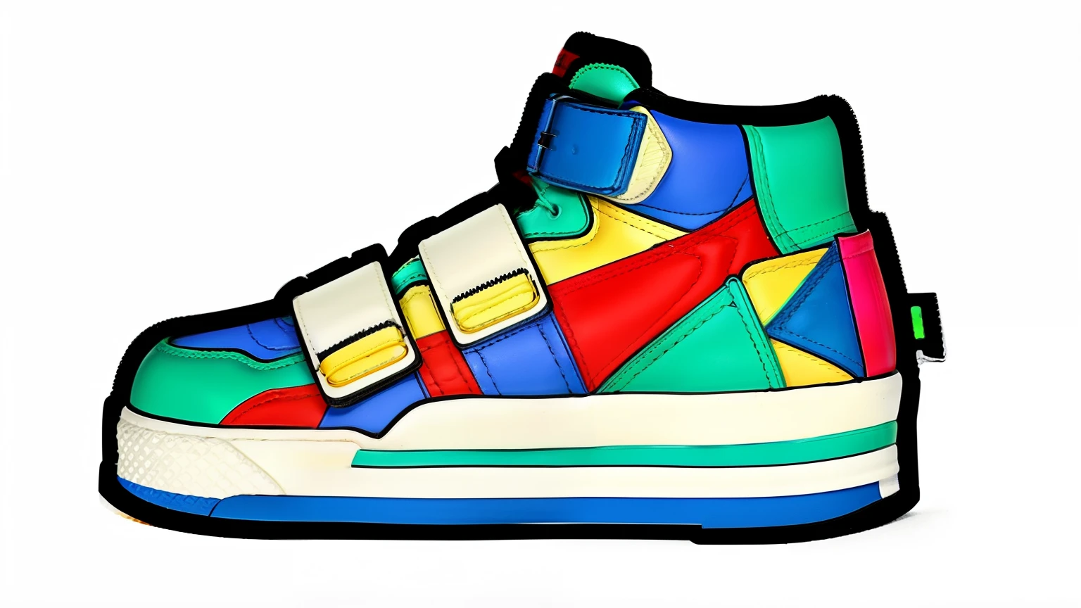 real、high resolution、photo、Close-up of shoes with colorful designs, sneakers design, 9 0 s colors and shapes, The whole shoe is in the photo, colorful, sneakers, multicolor, 80&#39;s color scheme