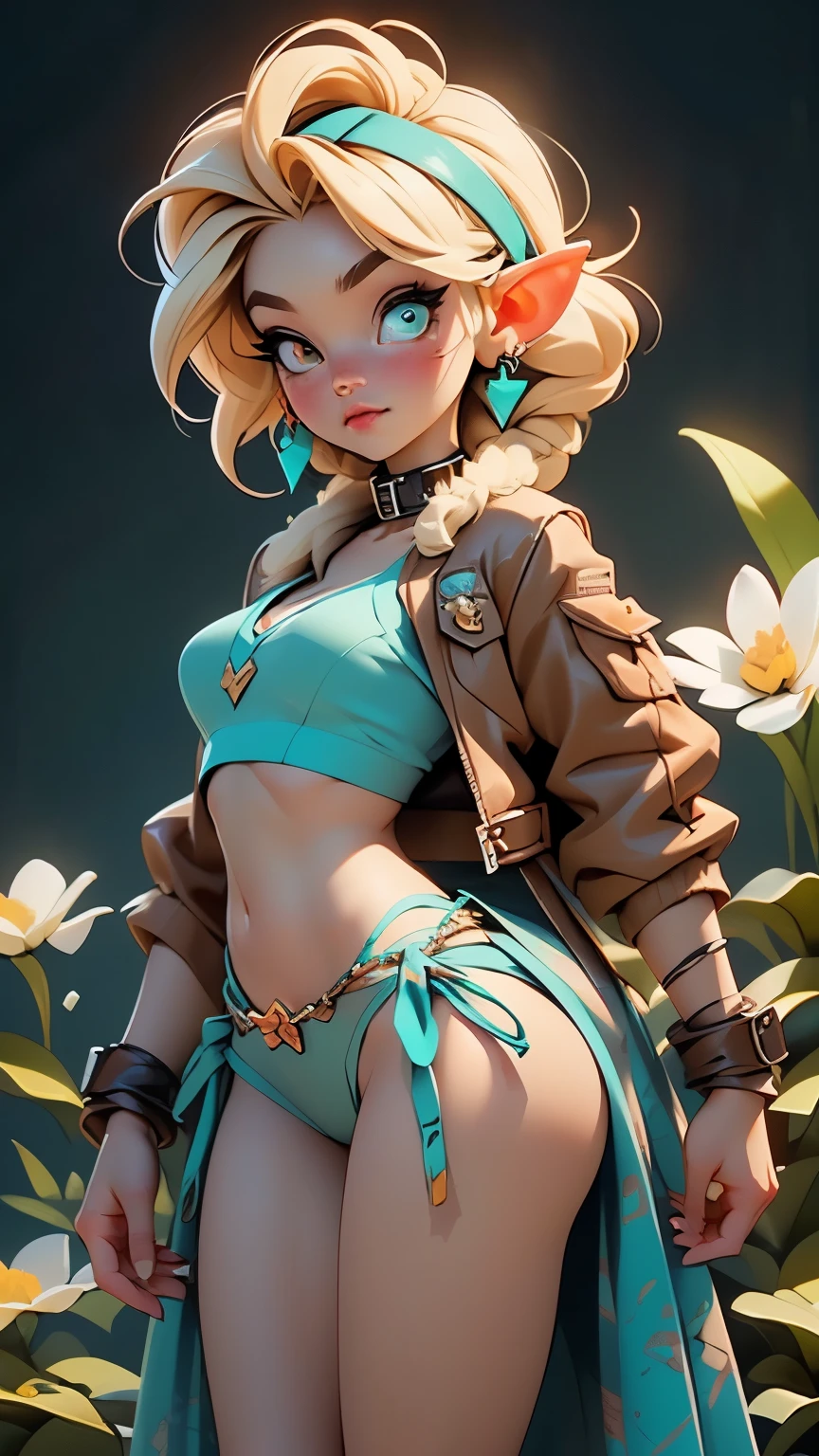 1,(:1.5),:1.5,teenager,female physiognomy,Elf,(Elf ears), (Blonde Archer),
((blonde hair:1.5,Short hair details,short blonde hair with a braid,Braid decorated with white flowers)),(((turquoise_Eye:1.3))),complex Eye,beautiful detailed Eye,symmetrical Eye,big Eye:1.5,plump breasts,((child body,ale fat,good anatomy,Accurate body proportions,detailed shota body for young :1.3,perfect anatomy))),
serious and thoughtful person,(NSFW),Lovely,
(short turquoise mesh skirts),((Brown leather coat)),(she的handoon耳环上缠着绷带),((turquoise panties with a wolf fur sarong brown)),(camel toe protrusion),she(she的胸部和手臂上装饰着绷带),(((collar,长链皮带连接到she的衣领,shackles))),(((torn clothes:1.1,complex outfit,complex clothes))),
(dynamic poses:1.0),Awkward,(center,Scale to fit dimensions,rule of thirds),
in,indoor,((dark room of a gothic dungeon with shackles and chains.)),landscape:1.25,((complex landscape)),((winter decorations)),
(有光泽的winter decorations),high resolution,sharp focus,(Super detailed,Very detailed),(realistic artwork:1.37),(Very detailed CG unity 8k wallpaper),(((bright colors,Vibrant theme))),(complex),(masterpiece),(best quality),
(NSFW:0.55), Big breasts, flat belly, baby face,t-back,(((bright colors))),