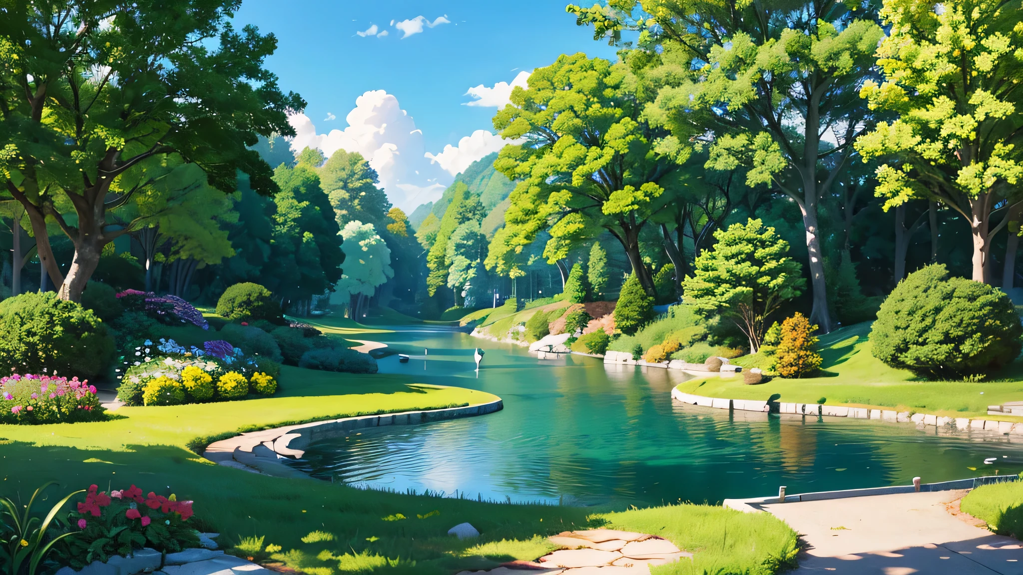 masterpiece, best quality, (Very detailed CG Unity 8k wallpaper) (best quality), (Best Illustration), (The best shades), River surface under blue sky and white clouds,surrounded by forest,colorful flowers,green lawn,Gravel pavement,