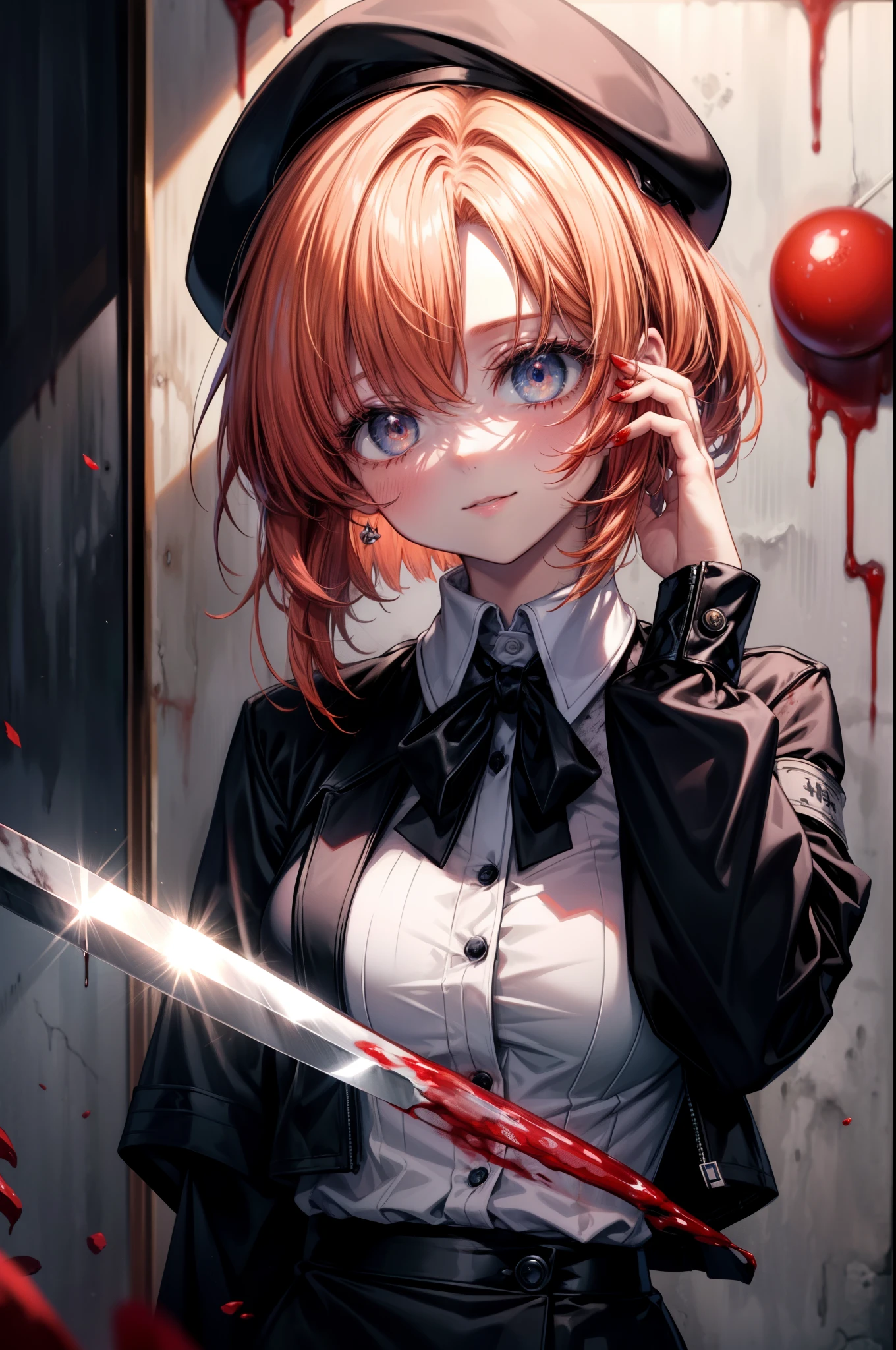 Rena Ryugu, rena ryuuguu, orange hair, short hair, hair blue eyes, smile, There are still traces of blood on the wall,spooky, dead eyes,Grinning with a bloody knife in one hand,bloody beret,bloody,blood droplets,There was a lot of blood all over the room.,spooky笑い, dead eyes,Psychopath horror,bloody clothes,blood drops,Spooky,Murder scene, serial killer, bathed in blood,Clothes with blood on them,black suit jacket with blood on it, bloody collared jacket,Bloodstained white dress shirt, shirt with blood on the collar, neckline, button, strap, ID card on neck, bloody black pencil skirt,bloody black pantyhose, looking at the viewer, big breasts,holding a bloody knife grip,
break looking at viewer,
break indoors, office,
break (masterpiece:1.2), highest quality, High resolution, unity 8k wallpaper, (figure:0.8), (detailed and beautiful eyes:1.6), highly detailed face, perfect lighting, Very detailed CG, (perfect hands, perfect anatomy),