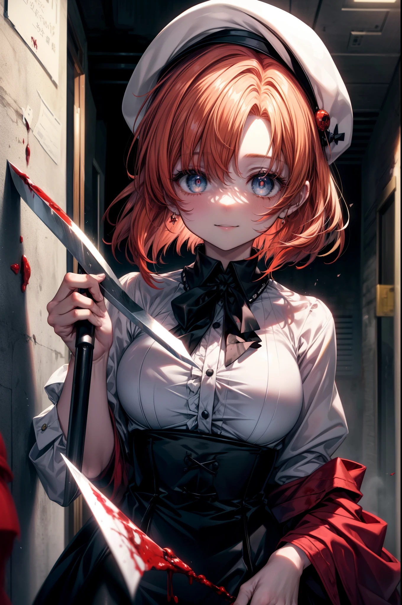 Rena Ryugu, rena ryuuguu, orange hair, short hair, hair blue eyes, smile, There are still traces of blood on the wall,spooky, dead eyes,Grinning with a bloody knife in one hand,bloody beret,bloody,blood droplets,There was a lot of blood all over the room.,spooky笑い, dead eyes,Psychopath horror,bloody clothes,blood drops,Spooky,Murder scene, serial killer, bathed in blood,Clothes with blood on them,black suit jacket with blood on it, bloody collared jacket,Bloodstained white dress shirt, shirt with blood on the collar, neckline, button, strap, ID card on neck, bloody black pencil skirt,bloody black pantyhose, looking at the viewer, big breasts,holding a bloody knife grip,
break looking at viewer,
break indoors, office,
break (masterpiece:1.2), highest quality, High resolution, unity 8k wallpaper, (figure:0.8), (detailed and beautiful eyes:1.6), highly detailed face, perfect lighting, Very detailed CG, (perfect hands, perfect anatomy),