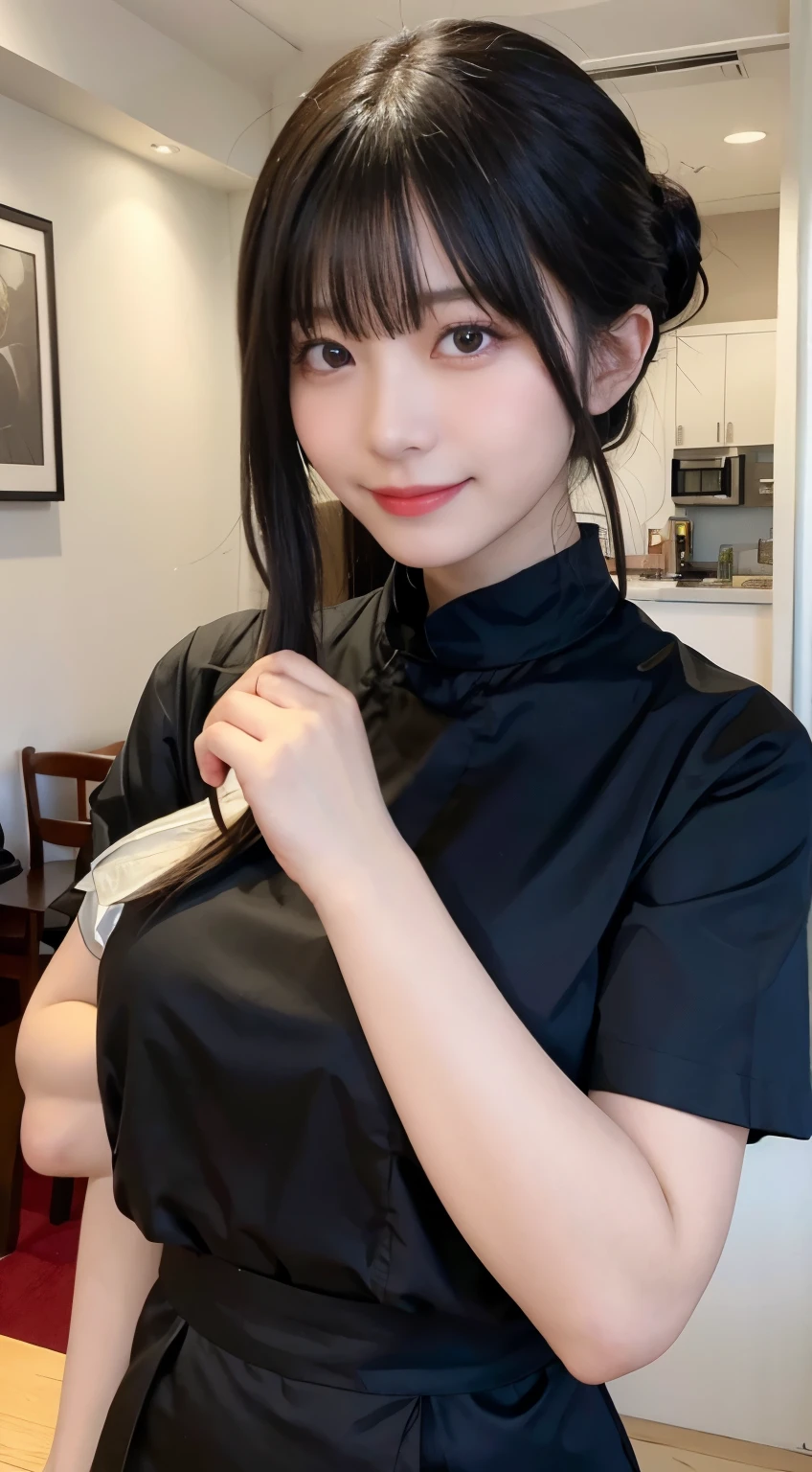 (highest quality,masterpiece:1.3,ultra high resolution,),(Super detailed,caustics),(Photoreal:1.4,RAW shooting,)ultra-realistic capture,very detailed,High resolution 16K human skin close-up。 natural skin texture、,The pores are、、、、Must be detailed enough to be easily identified。 Skin should look even-toned and healthy。 Use natural light and color,restaurant,waitress uniform,1 girl,Japanese,18-year-old,cute,black haired,ponytail,big breasts,smile,turn your body forward,(Front view:1.1),look at the camera,cowboy shot,