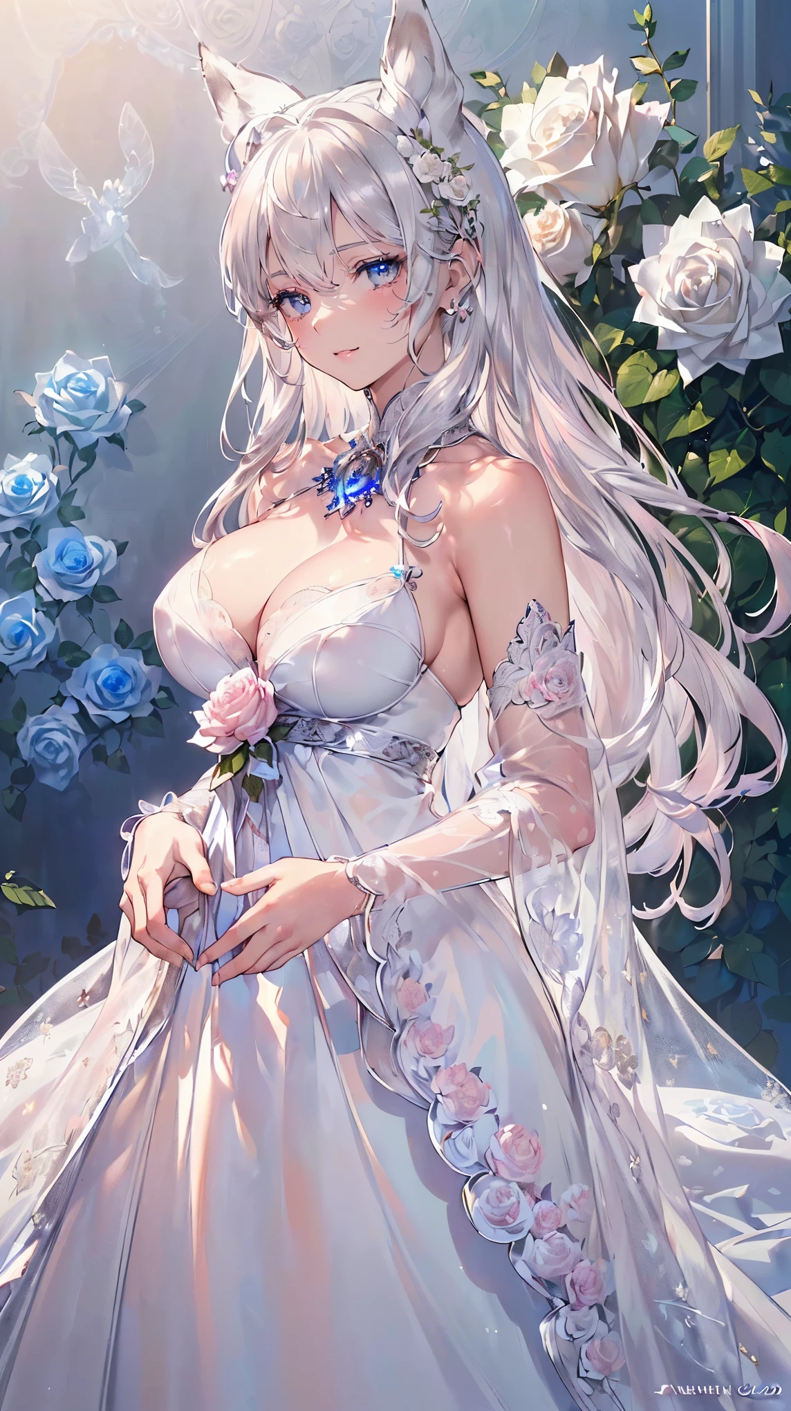 (((masterpiece))), (((highest quality))), ((ultra-detailed)), ((super fine illustration)), ((ultra-fine painting)), (16K highest quality wallpaper:1.4), (upper body:1.4), (Highly detailed and delicate illustration style,:1.8) detailed skin texture, detailed cloth texture, detailed rose flower texture, detailed wood texture, extreme detailed description, (T-masterpiece), (highly detailed face:1.4), original, RAW photo, professional, Intricate details, super details, Direct light:1.6, (Perfect anatomy:1.4), (highly detailed hands:1.2), (highly detailed fingers:1.2), (highly detailed fingertips:1.2), (22-years-old), real, (solo:1.6), (A very beautiful and attractive silver fox fashion model who is a messenger of God and a traditional sacred shrine maiden:1.4) BRAKE (Beautiful and adorable silver fox ears:1.6), (Highly detailed and delicate silver fox ears:1.4), (beautiful and well-shaped :1.2), (beautiful and well-shaped buttocks), ul and shiny silver hair:1.6), (highly detailed and delicate silver hair:1.4), (beautiful clear blue eyes that shine with great detail:1.6), (highly detailed and delicate blue eyes:1.2), (highly detailed face:1.4), (smile:1.4), (looking at viewer:1.4), (standing:1.4), (Celebration:1.4) BRAKE ((A beautiful and gorgeous princess dress that is detailed and delicate to be worn at celebratory occasions:1.4)) BRAKE ((Holding in both hands a large bouquet of highly detailed and delicate ((white and pink roses)):1.3)) BRAKE (Just after noon:1.4), (Celebration:1.4), ((Highly detailed and delicate white rose flower and pink rose flower garden background:1.4)), (Highly detailed and delicate royal palace courtyard background in just after noon in spring:1.4) BRAKE