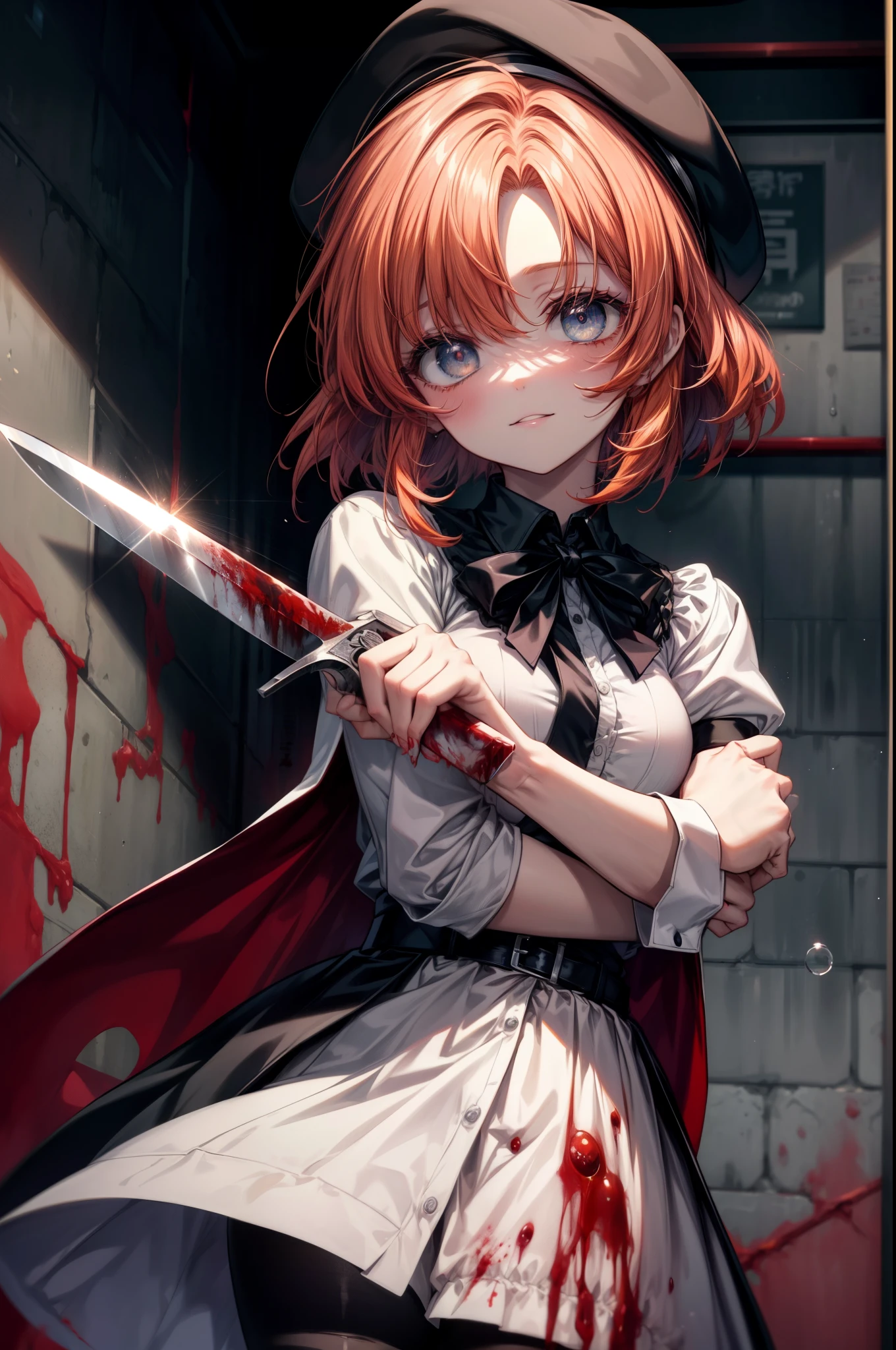 Rena Ryugu, rena ryuuguu, orange hair, short hair, hair blue eyes, smile, There are still traces of blood on the wall,spooky, dead eyes,A grinning man holding a bloody knife in one hand.,bloody beret,bloody,blood droplets,There was a lot of blood all over the room.,spooky笑い, dead eyes,Psychopath horror,bloody clothes,blood drops,Spooky,Murder scene, serial killer, bathed in blood,Clothes with blood on them，black suit jacket with blood on it, bloody collared jacket,Bloodstained white dress shirt, shirt with blood on the collar, neckline, button, strap, ID card on neck, bloody black pencil skirt,bloody black pantyhose, looking at the viewer, big breasts,holding a bloody knife grip,
break looking at viewer,
break indoors, office,
break (masterpiece:1.2), highest quality, High resolution, unity 8k wallpaper, (figure:0.8), (detailed and beautiful eyes:1.6), highly detailed face, perfect lighting, Very detailed CG, (perfect hands, perfect anatomy),