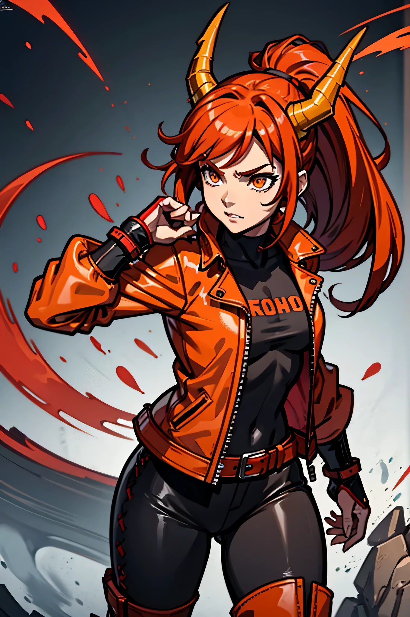 dragon girl，Red hair，ponytail，Orange hair，leather jacket，dragon girl，ultra high definition，stand，Ryukaku