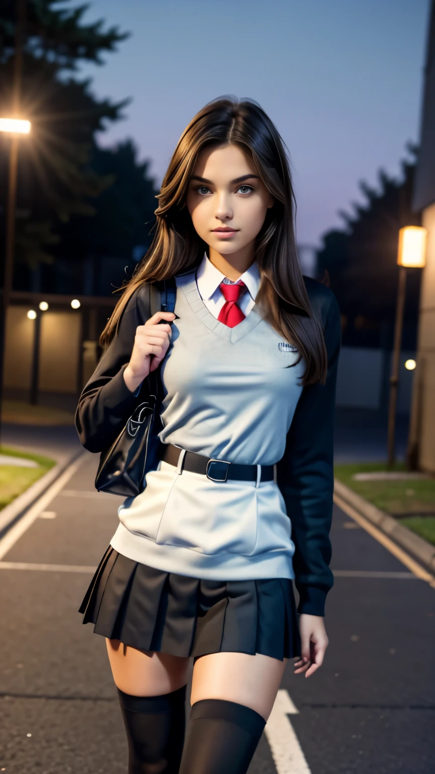 Nsfw, very very very sexy girl, brunette hair, parted hair style, 18 years old, wearing school uniform, holding a school bag, school skirt, knee high stocking, night time vibes, out side, stars showing, basketball court background, standing under street light,  