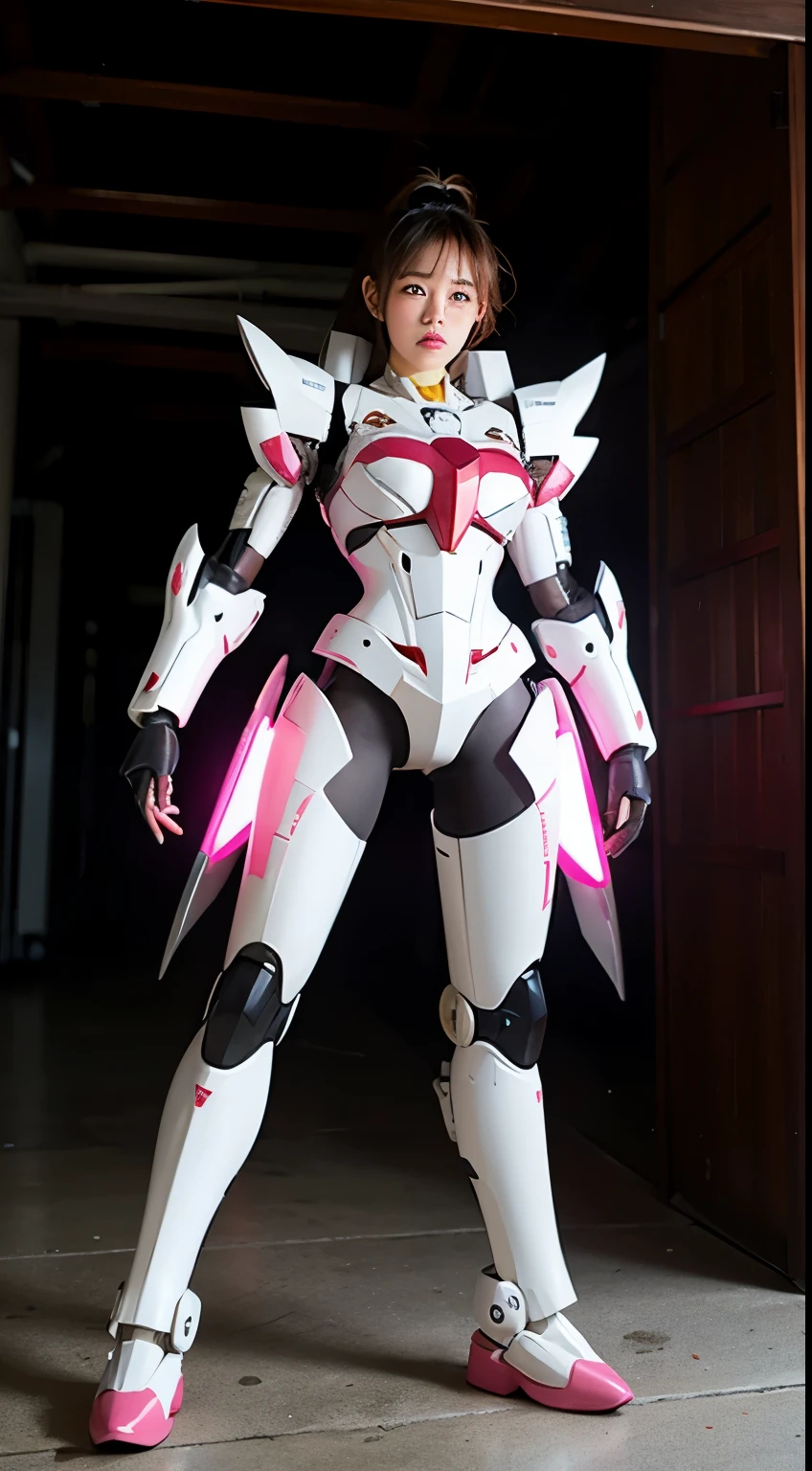 mecha girl, pink and white, Cool lighting, full body