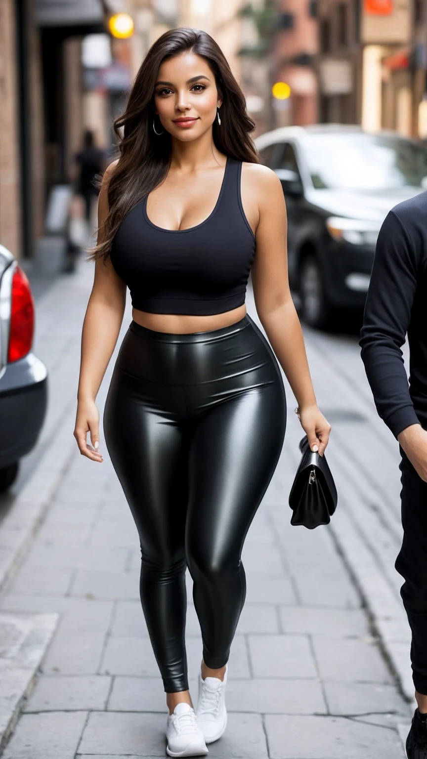 An alluring woman from Brazil with sleek, straight hair, clad in snug leggings and a tank top that accentuates her curves. She stands on a bustling city sidewalk, exuding confidence with her striking presence.