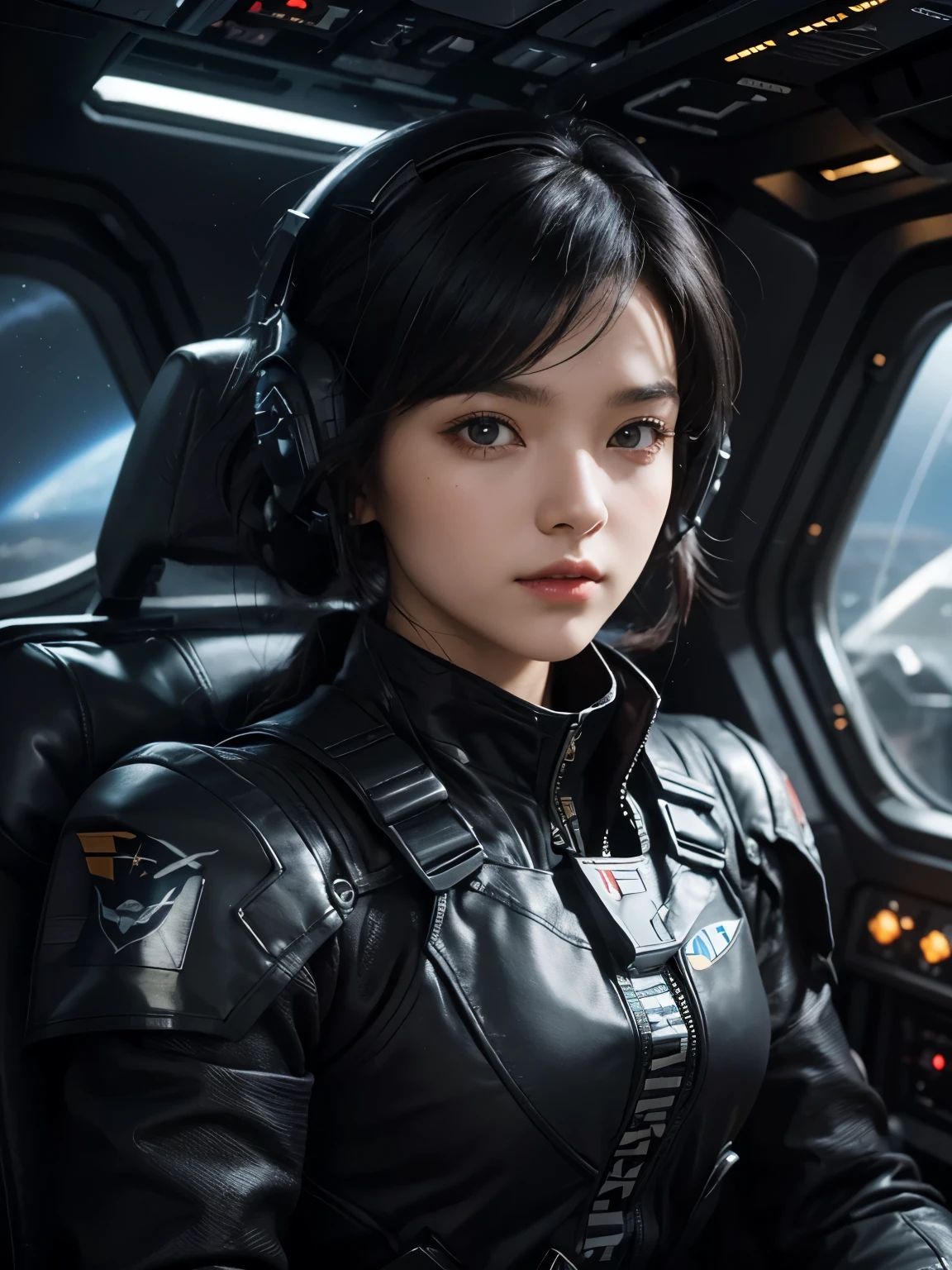 A beautiful woman piloting a small space fighter. She is looking at the camera with a serious expression. Black hair. 23 years old. She wears a black metallic combat uniform. From the window of the spaceship, you can see the pitch-black space and the twinkling stars.