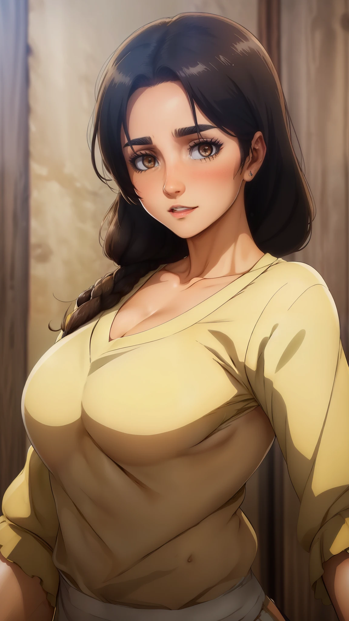 Camisa amarilla,escote,, mangas largas,Delantal blanco, cabello negro, brown eyes, flequillo, single braid, 1 girl in, 20yo,Mujer joven,Hermoso dedo,,Hermosa nariz,Beautiful character design, ojos perfectos, Cara perfecta,ojos expresivos, Mirando al espectador, escote, breasts