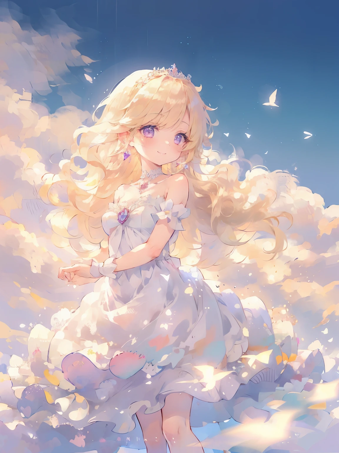 (highest quality, masterpiece, Super detailed, very detailed, exquisite, 16k,Full HD),A little closer,Soft lines,thin line,watercolor,golden ratio,dramatic lighting,pastel colour,seems to be happy,fly in the sky,soft lighting, ((Alone:1.5)),blue sky,rainbow,White cloud,fluffy clouds,above the clouds,((head shot)),rainbowの魔法,(fairy princess, purple eyes, long eyelashes,white skin,slim,pale pink plump lips,pale pink cheeks, The wind is blowing,blonde,thin and long,(thin and high nose,small nose),(giant fairy wings:1.2,flapping its wings),diamond tiara,diamond earrings,diamond earrings,Diamond Choker,(white ball gown dress:1.1), pure white lace and frills,(smile:1.2), (fantasy, romantic atmosphere), magic light,