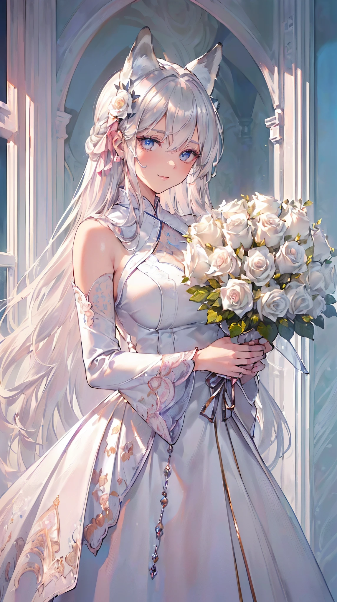 (((masterpiece))), (((highest quality))), ((ultra-detailed)), ((super fine illustration)), ((ultra-fine painting)), (16K highest quality wallpaper:1.4), (upper body:1.4), (Highly detailed and delicate illustration style,:1.8) detailed skin texture, detailed cloth texture, detailed rose flower texture, detailed wood texture, extreme detailed description, (T-masterpiece), (highly detailed face:1.4), original, RAW photo, professional, Intricate details, super details, Direct light:1.6, (Perfect anatomy:1.4), (highly detailed hands:1.2), (highly detailed fingers:1.2), (highly detailed fingertips:1.2), (22-years-old), real, (solo:1.6), (A very beautiful and attractive silver fox fashion model who is a messenger of God and a traditional sacred shrine maiden:1.4) BRAKE (Beautiful and adorable silver fox ears:1.6), (Highly detailed and delicate silver fox ears:1.4), (beautiful and well-shaped big breasts:1.2), (beautiful and well-shaped buttocks), (beautiful and shiny silver hair:1.6), (highly detailed and delicate silver hair:1.4), (beautiful clear blue eyes that shine with great detail:1.6), (highly detailed and delicate blue eyes:1.2), (highly detailed face:1.4), (smile:1.4), (looking at viewer:1.4), (standing:1.4), (Celebration:1.4) BRAKE ((A beautiful and gorgeous princess dress that is detailed and delicate to be worn at celebratory occasions:1.4)) BRAKE ((Holding in both hands a large bouquet of highly detailed and delicate ((white and pink roses)):1.3)) BRAKE (Just after noon:1.4), (Celebration:1.4), ((Highly detailed and delicate white rose flower and pink rose flower garden background:1.4)), (Highly detailed and delicate royal palace courtyard background in just after noon in spring:1.4) BRAKE