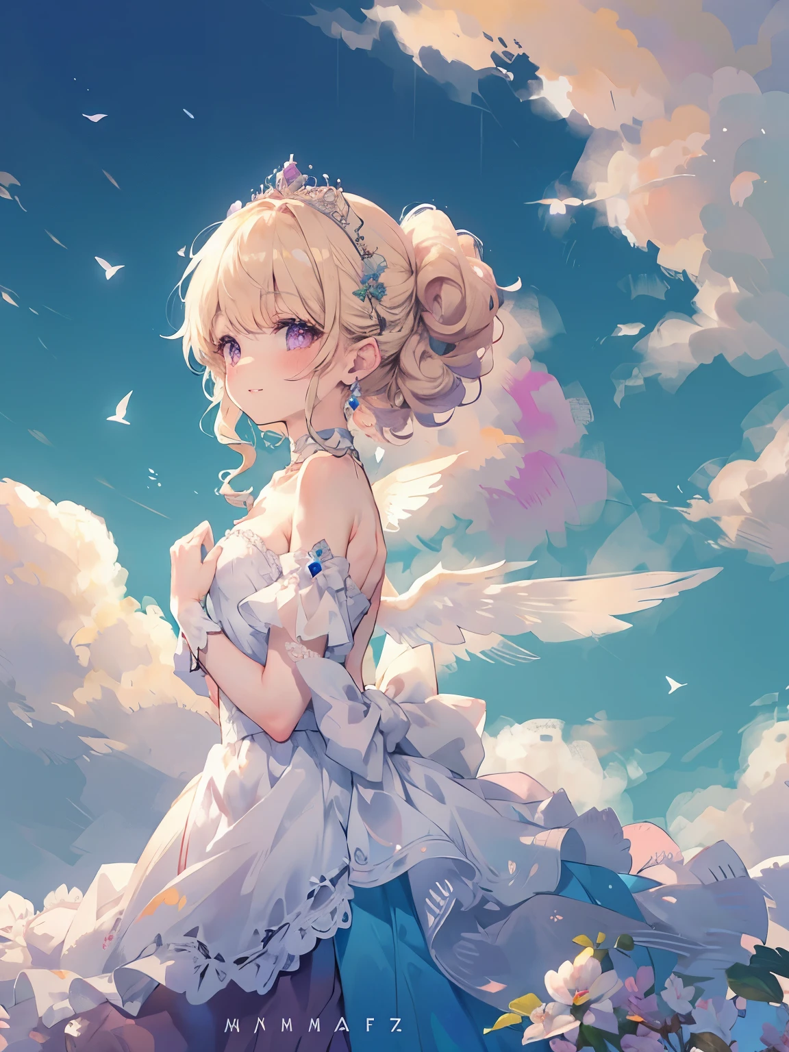 (highest quality, masterpiece, Super detailed, very detailed, exquisite, 16k,Full HD),A little closer,Soft lines,thin line,watercolor,golden ratio,dramatic lighting,pastel colour,seems to be happy,fly in the sky,soft lighting, ((alone:1.5)),blue sky,rainbow,White cloud,fluffy clouds,above the clouds,((head shot)),rainbowの魔法,(fairy princess, purple eyes, long eyelashes,white skin,slim,pale pink plump lips,pale pink cheeks, The wind is blowing,blonde,thin and long,(thin and high nose,small nose),(giant fairy wings:1.2,flapping its wings),diamond tiara,diamond earrings,diamond earrings,Diamond Choker,(white ball gown dress:1.1), pure white lace and frills,(smile:1.2), (fantasy, romantic atmosphere), magic light,