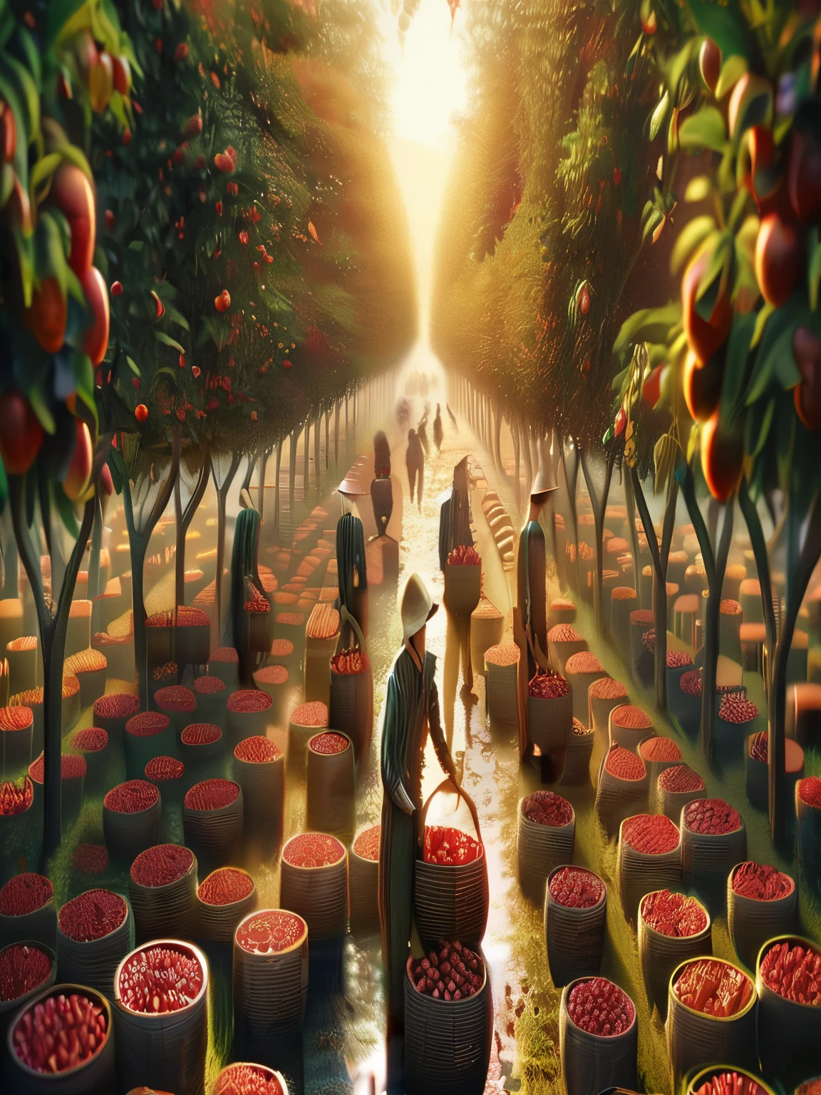 image arafée d'un groupe de personnes cueillant des pommes dans des arbres, par Fei Danxu, par Ni Yuanlu, par Cheng Zhengkui, Beautiful work of'digital art, Beeple. hyperréalisme, a Beautiful work of'art illustration, par Kerembeyit, Beautiful work of'art, par Harrington Mann, par Wen Zhenheng, par Bian Jingzhao