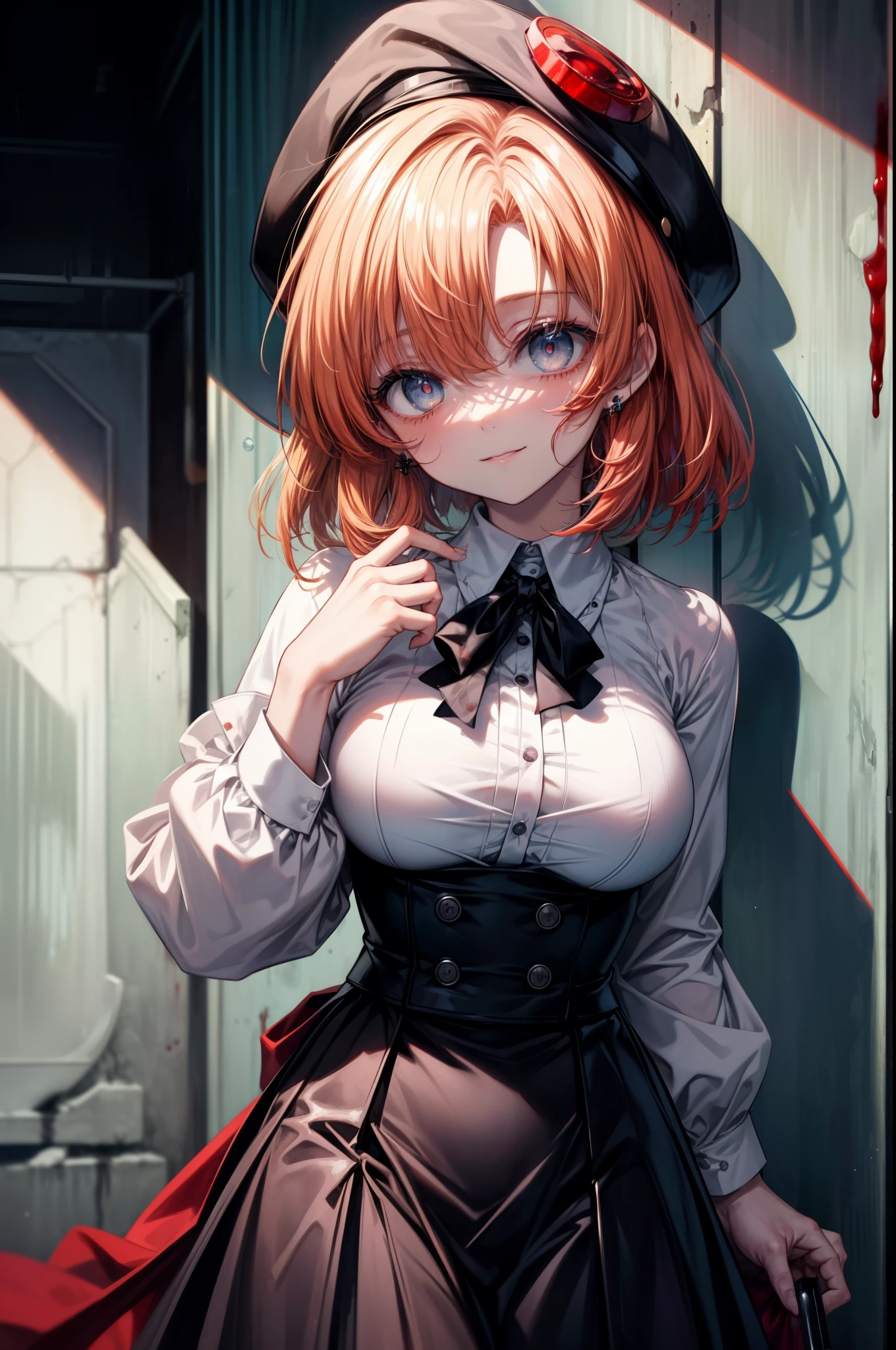 Rena Ryugu, rena ryuuguu, orange hair, short hair, hair blue eyes, smile, There are still traces of blood on the wall,spooky, dead eyes,A grinning man holding a bloody knife in one hand.,bloody beret,bloody,blood droplets,There was a lot of blood all over the room.,spooky笑い, dead eyes,Psychopath horror,bloody clothes,blood drops,Spooky,Murder scene, serial killer, bathed in blood,Clothes with blood on them，black suit jacket with blood on it, bloody collared jacket,Bloodstained white dress shirt, shirt with blood on the collar, neckline, button, strap, ID card on neck, bloody black pencil skirt,bloody black pantyhose, looking at the viewer, big breasts,holding a bloody knife grip,
break looking at viewer,
break indoors, office,
break (masterpiece:1.2), highest quality, High resolution, unity 8k wallpaper, (figure:0.8), (detailed and beautiful eyes:1.6), highly detailed face, perfect lighting, Very detailed CG, (perfect hands, perfect anatomy),