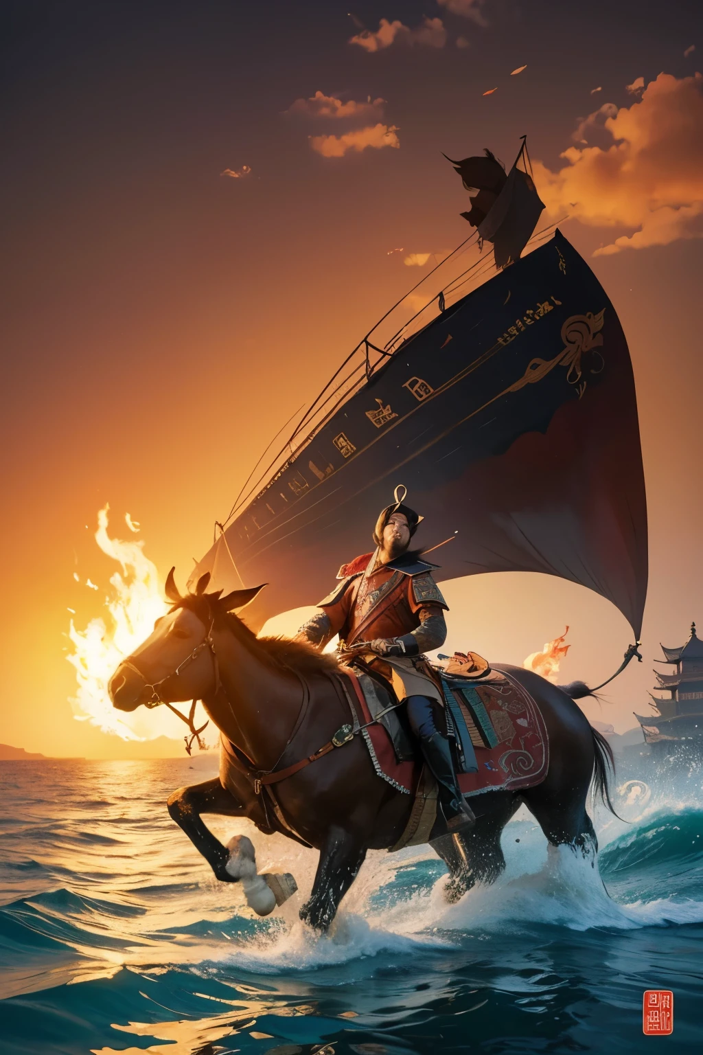 There is a painting of someone on the boat, make donkey meat burn, Beautiful artistic illustration, Chinese fantasy, Inspired by Victor Wei, Full color illustration, Chinese dream, poster illustration