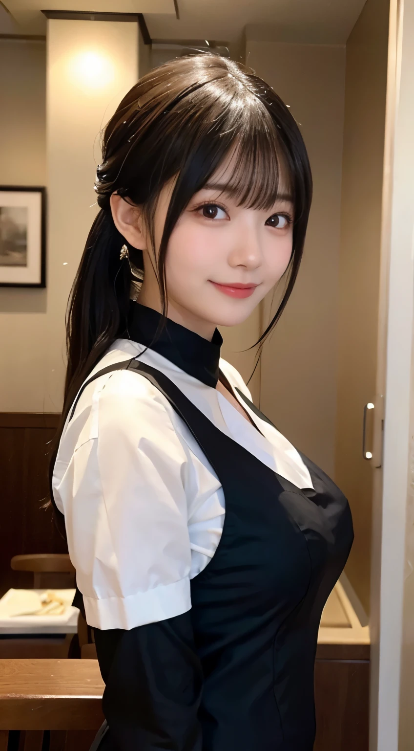 (highest quality,masterpiece:1.3,ultra high resolution,),(Super detailed,caustics),(Photoreal:1.4,RAW shooting,)ultra-realistic capture,very detailed,High resolution 16K human skin close-up。 natural skin texture、,The pores are、、、、Must be detailed enough to be easily identified。 Skin should look even-toned and healthy。 Use natural light and color,restaurant,waitress uniform,1 girl,Japanese,18-year-old,cute,black haired,ponytail,big breasts,smile,turn your body forward,(Front view:1.1),look at the camera,cowboy shot,