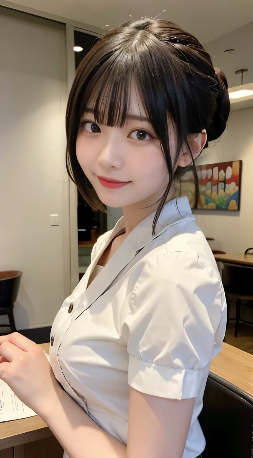 (highest quality,masterpiece:1.3,ultra high resolution,),(Super detailed,caustics),(Photoreal:1.4,RAW shooting,)ultra-realistic capture,very detailed,High resolution 16K human skin close-up。 natural skin texture、,The pores are、、、Must be detailed enough to be easily identified。 Skin should look even-toned and healthy。 Use natural light and color,restaurant,waitress uniform,1 girl,Japanese,18-year-old,cute,black haired,ponytail,big breasts,smile,turn your body forward,(Front view:1.1),look at the camera,cowboy shot,