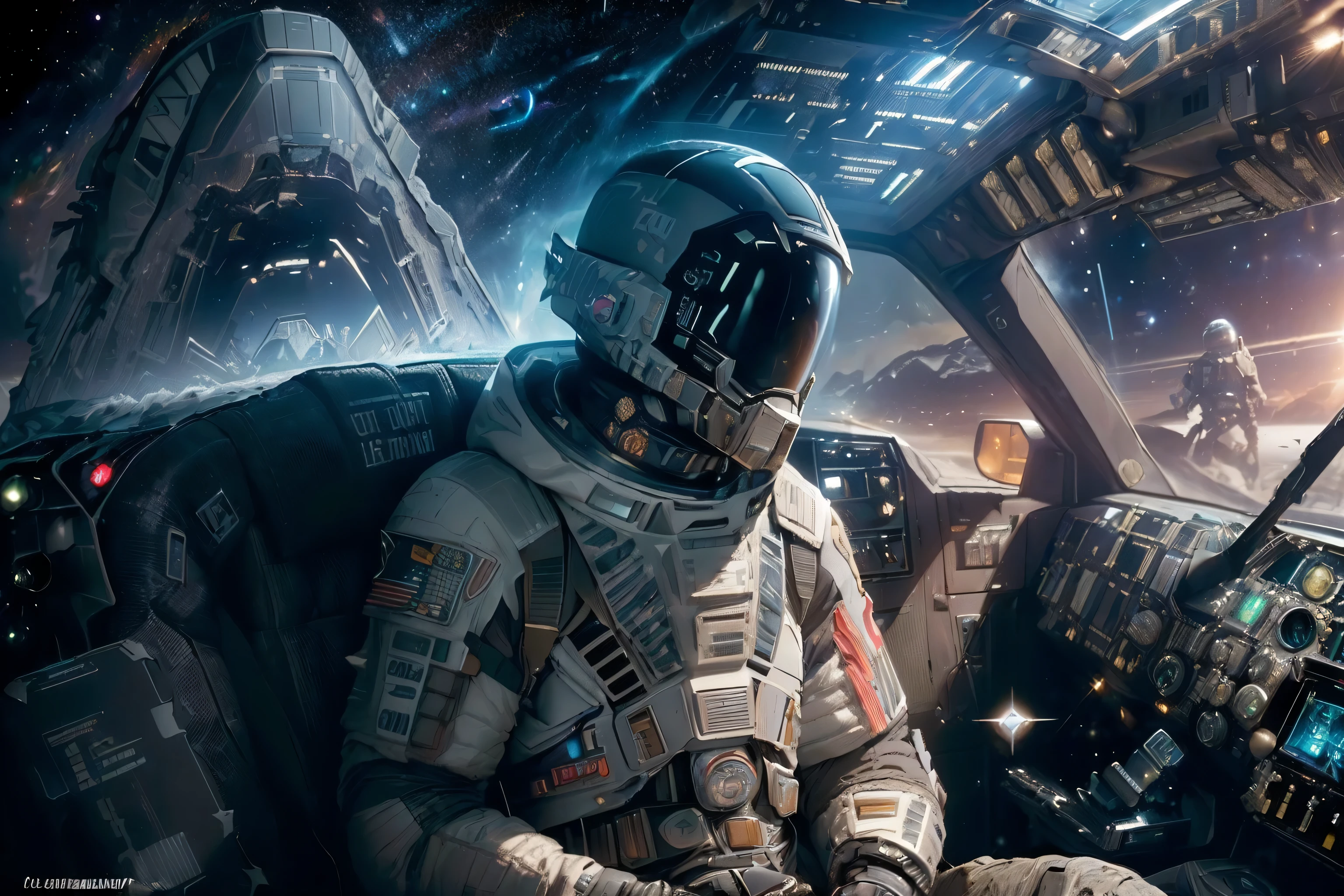 (long shot:1.3), (interstellar:1.3), (interstellar asteroid:1.5), (interstellar asteroid belt:1.5), (earth), (sun), (moon), (spacesuit with space helmet:1.4), sci-fi, mystical, solemnity, overwhelming, mechanical, magnificent, light and darkness, beautiful, order and chaos, holiness, approachable strength, abyss, multilayered, symphonic, absurd resolution, (intricate surface detail:1.4), detailed painting, perfection, hyper real, ultra fine detailed, ultra quality, (cinematic still and lighting and angle:1.3), 16k, 32k, conceptual contrast, (grunge texture space ship with interstellar flight with spaceship cockpit:1.5), (extremely high quality:1.3), best quality,