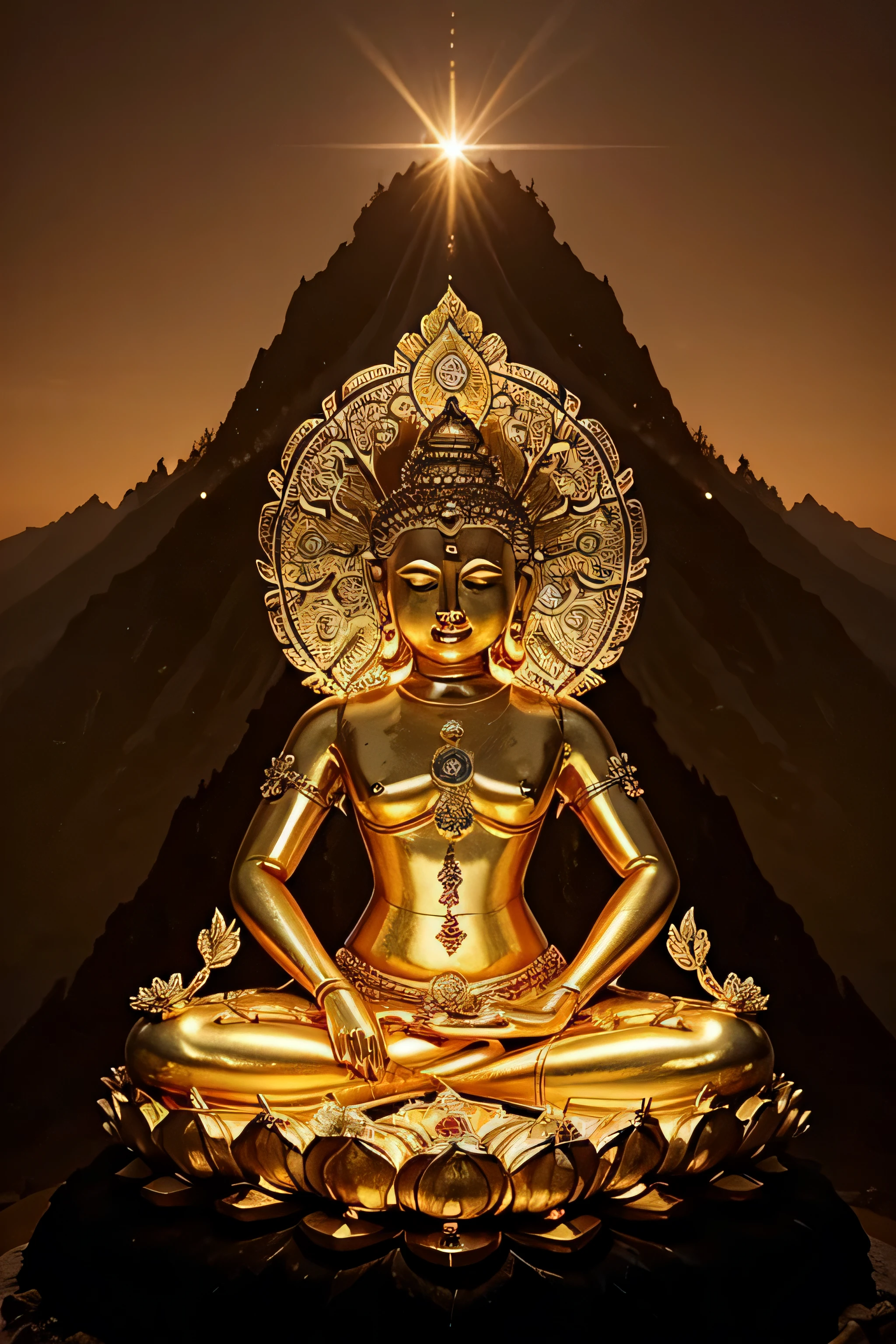 A huge Manjusri Bodhisattva sits on the top of a mountain where the Buddha&#39;The light of s shines，Manjushri Bodhisattva material gold sculpture，it&#39;s glittering，It faces the world in a positive light，fairylike，Gorgeous，Manjushri Bodhisattva has a clear face，lifelike，it&#39;very high，Let the world look up to you！