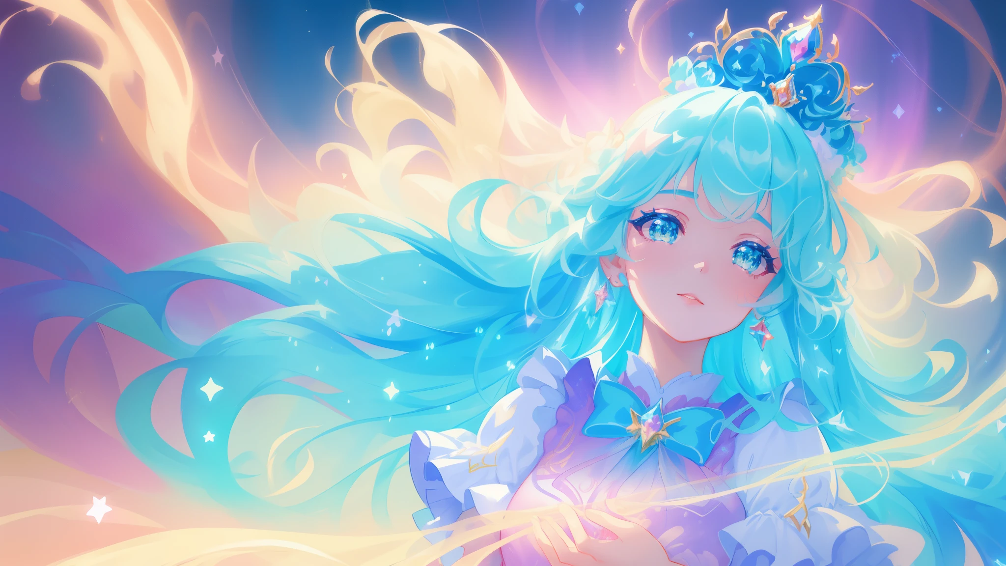 beautiful girl, puffy tiered ballgown, vibrant pastel colors, (colorful), glowing golden long hair, magical lights, sparkling magical liquid, inspired by Glen Keane, inspired by Lois van Baarle, disney art style, by Lois van Baarle, glowing aura around her, by Glen Keane, jen bartel, glowing lights! digital painting, flowing glowing hair, glowing flowing hair, beautiful digital illustration, fantasia background, whimsical, magical, fantasy, ((beautiful face)), ((masterpiece, best quality)), intricate details, highly detailed, sharp focus, 8k resolution, sparkling detailed eyes, liquid watercolor