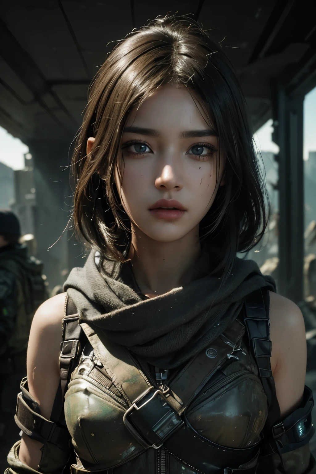(extremely detailed face, beautiful detailed eyes, beautiful detailed lips), [(assassin:0.4) bounty hunter], standing in a post-apocalyptic wasteland, (glitchwave style:1) with . 
(best quality, 4k, highres, masterpiece:1.2), ultra-detailed, (realistic:1.37), HDR, (professional),(vivid colors), (physically-based rendering), (sharp focus), (intense lighting).