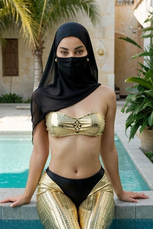 aumentar camiseta top alta e preta, a is wearing an odalisque top with golden beads, She wears a beautiful top adorned with golden beads and golden details