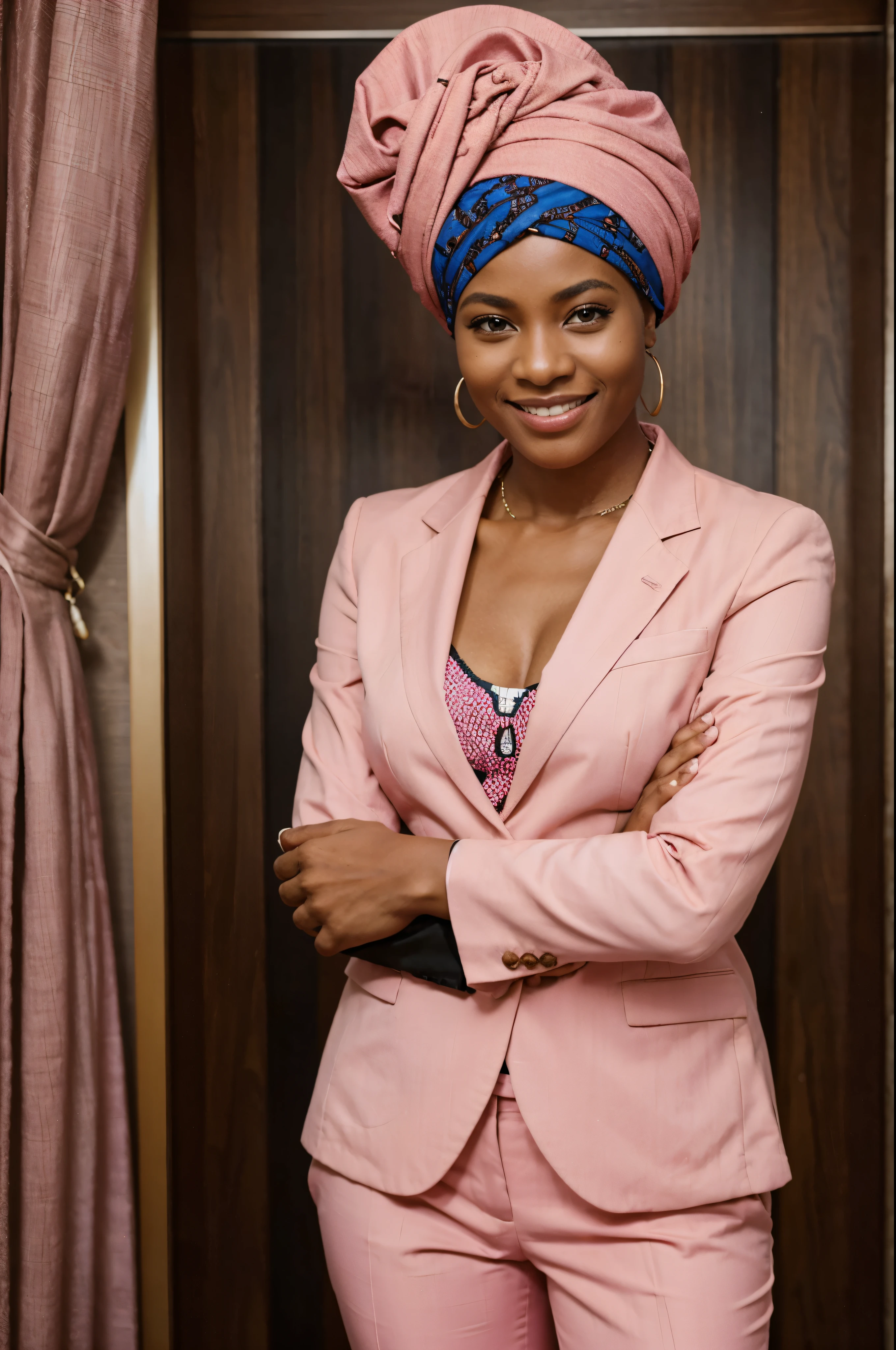 mulher africana, em terno rosa formal e turbante de capulana africana, smiling and crossing arms
