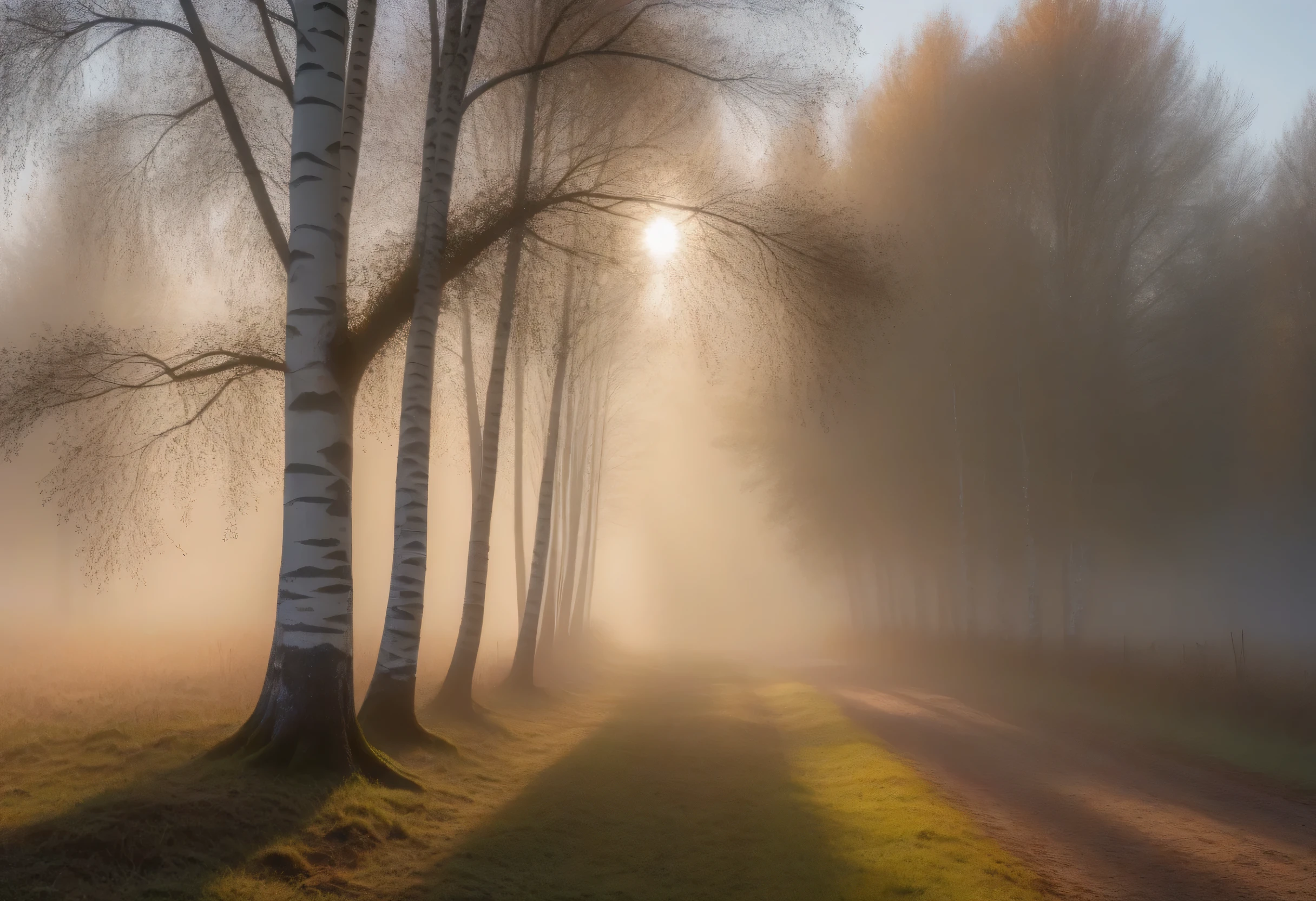 Landscape photography was taken with a Canon EOS R5 camera and a Canon RF 70-200mm F2 lens...8L ESM USM, Beautiful morning landscape of a foggy morning in a birch grove., fog and sunlight, rays break through the branches of a birch tree and create a Tyndall effect in the fog, (Tyndall effect:1.5),