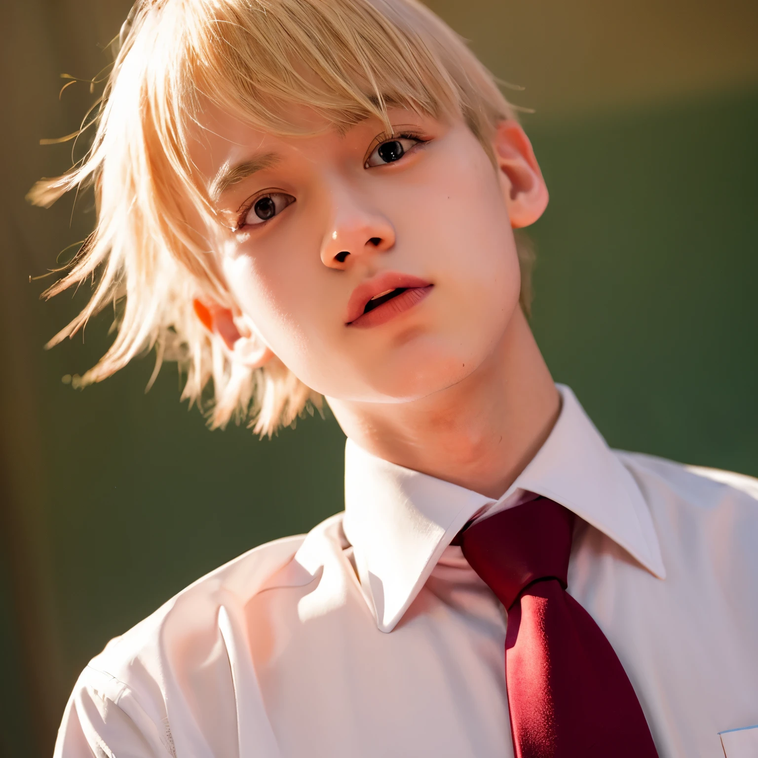 Blonde boy illustration anime style dress shirt red tie face is flushed mouth half open red eyes tilted head