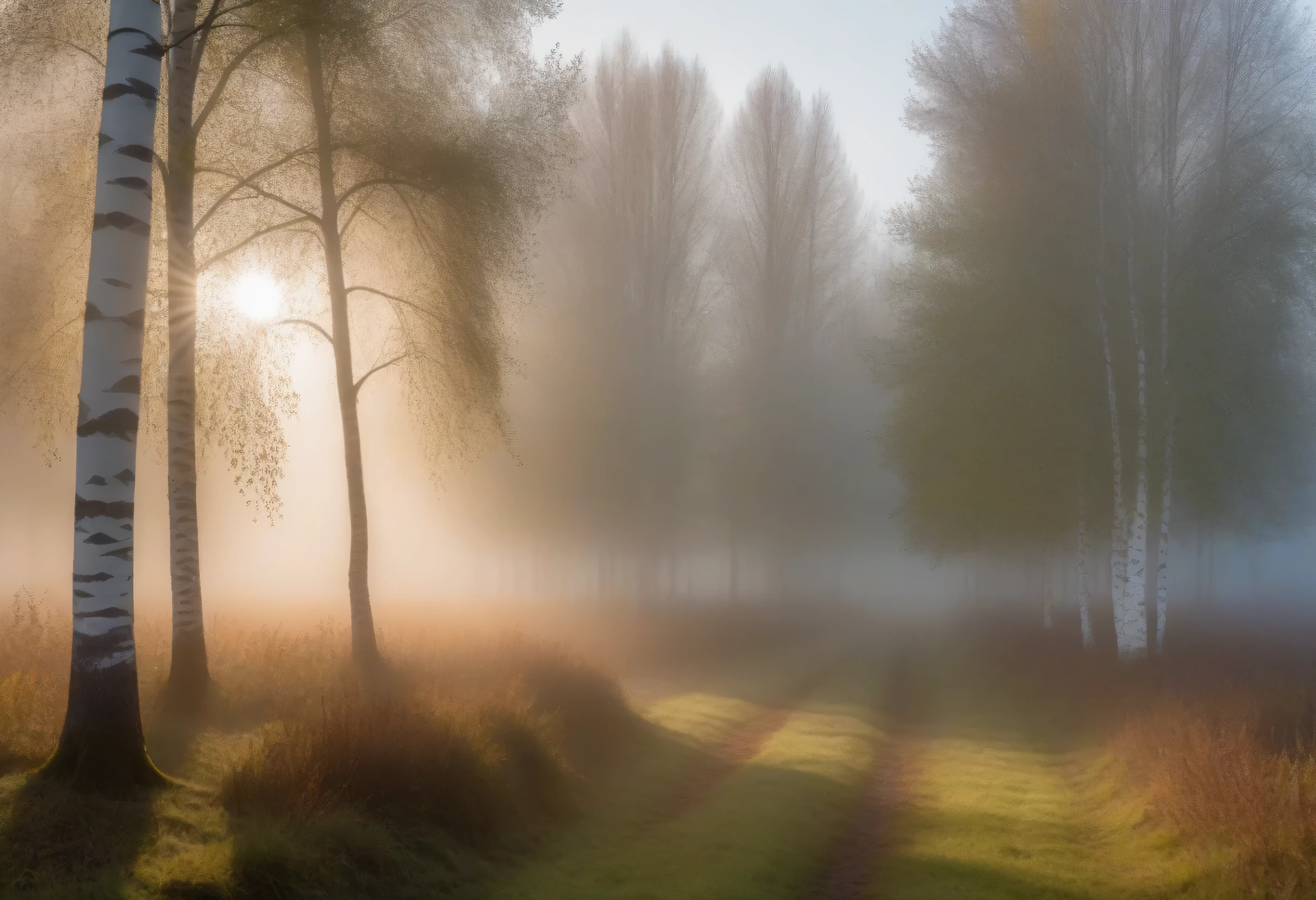 Landscape photography was taken with a Canon EOS R5 camera and a Canon RF 70-200mm F2 lens...8L ESM USM, Beautiful morning landscape of a foggy morning in a birch grove., fog and sunlight, rays break through the branches of a birch tree and create a Tyndall effect in the fog, (Tyndall effect:1.5),