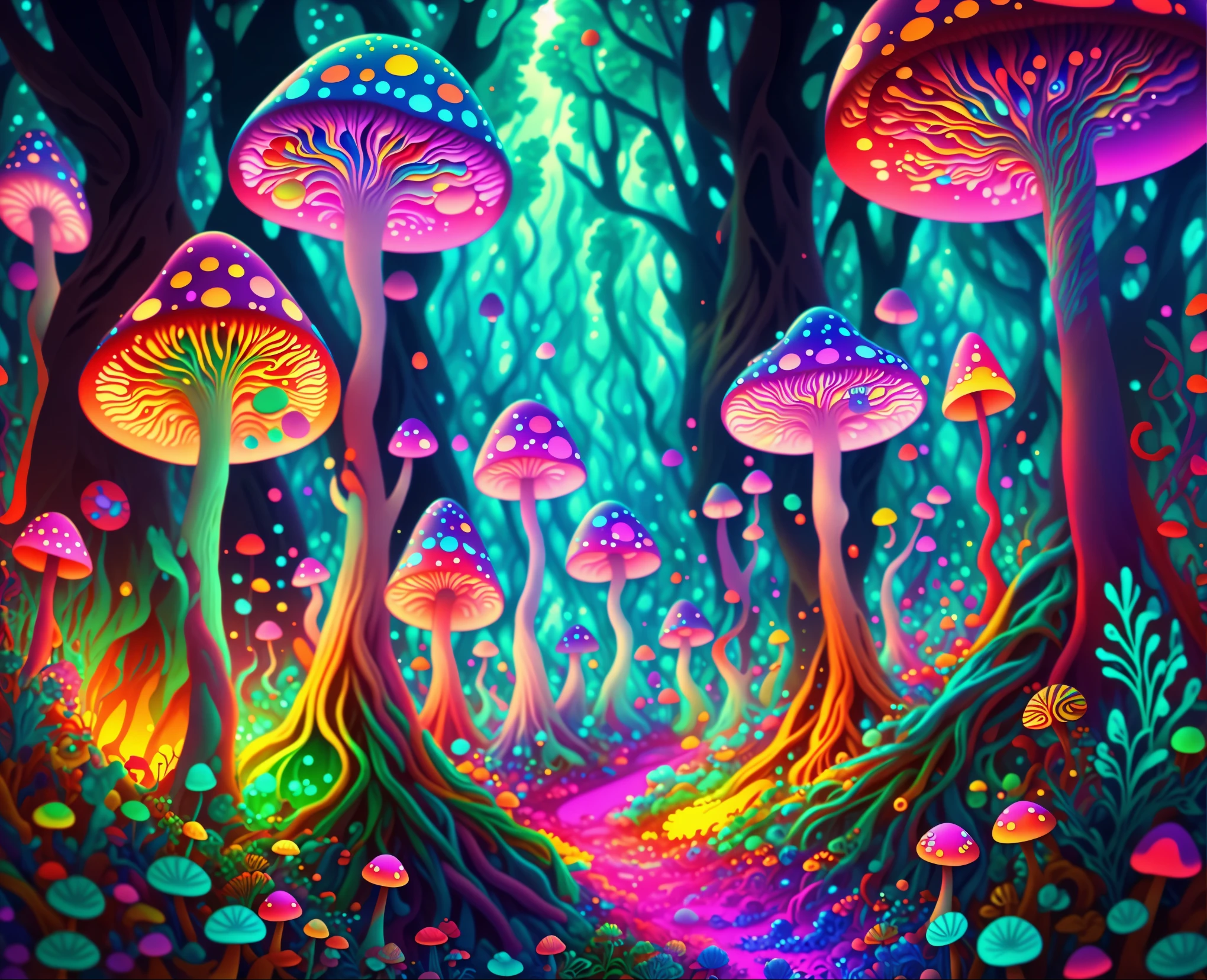 a forest filled with lots of colorful mumushroom and trees, magic mumushroom, psychedelic mumushroom, psychedelic mumushroom dream, neon mumushroom, Hallucinogens, glowing mumushroom, psychedelic art, mushroom, 神奇mushroom, fluorescent mumushroom, 迷幻mushroom, mushroom林, psychedelic aesthetic, mumushroom milky way, Psychedelic bright colors, trippy visuals, illusion art, Whimsical and psychedelic, psychedelic hallucinations