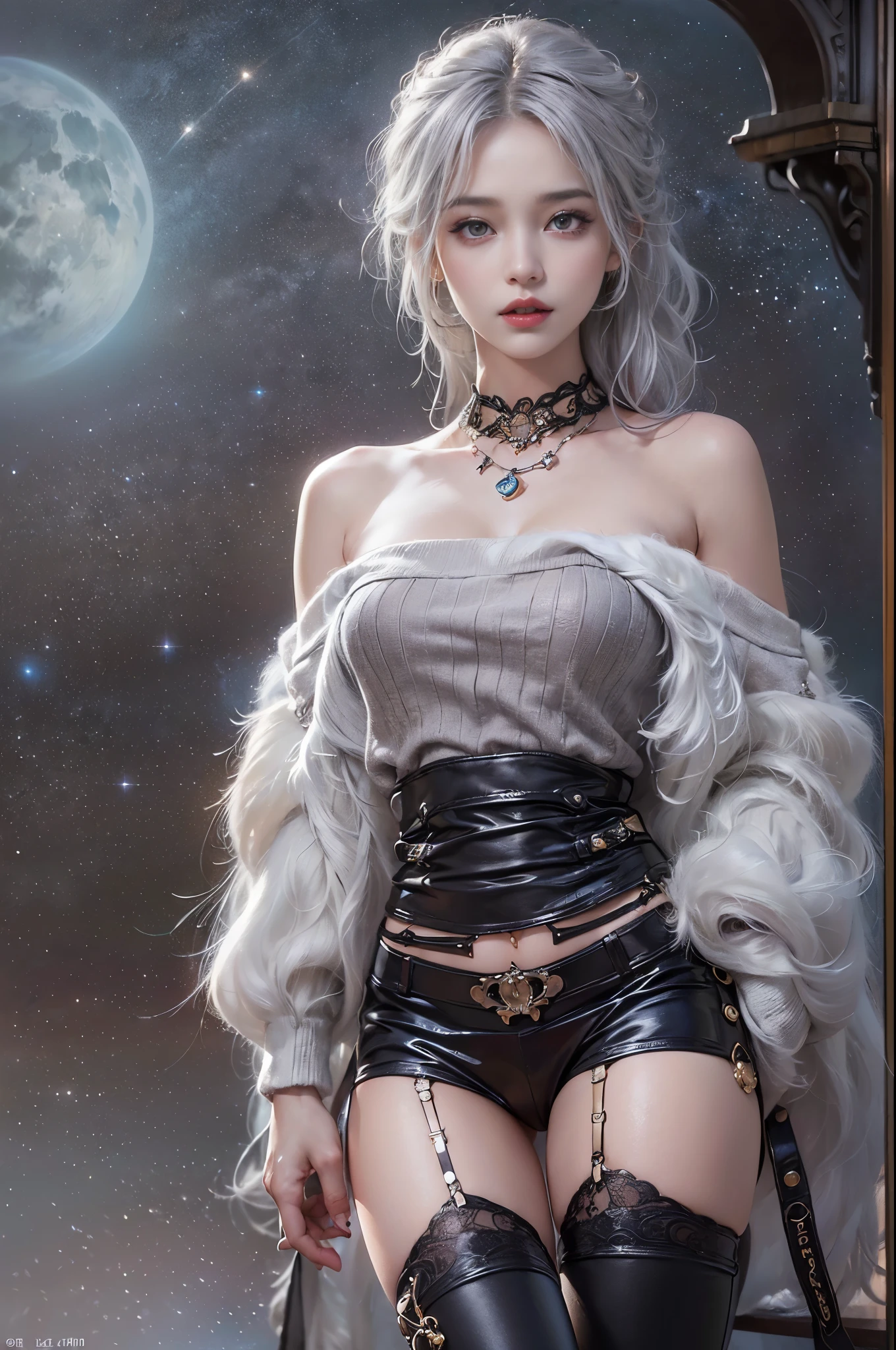 Model: long wavy hair, full dark lips, Smoky eyes, BREAK, Setting: Room with black light, Broken glass, Crystals reflect light, neon lights, BREAK, bodypaint: Polychromatic geometric patterns,Tatoo, Heart, Arms and legs, BREAK, Accessories: Chrome-plated chains with torn body, Silver Choker, black feathered white black wings, Naked, Topless, naked body,BREAK, the pose: erotic pose, looking forward. wolf ears, Wolf.up close, In love with love