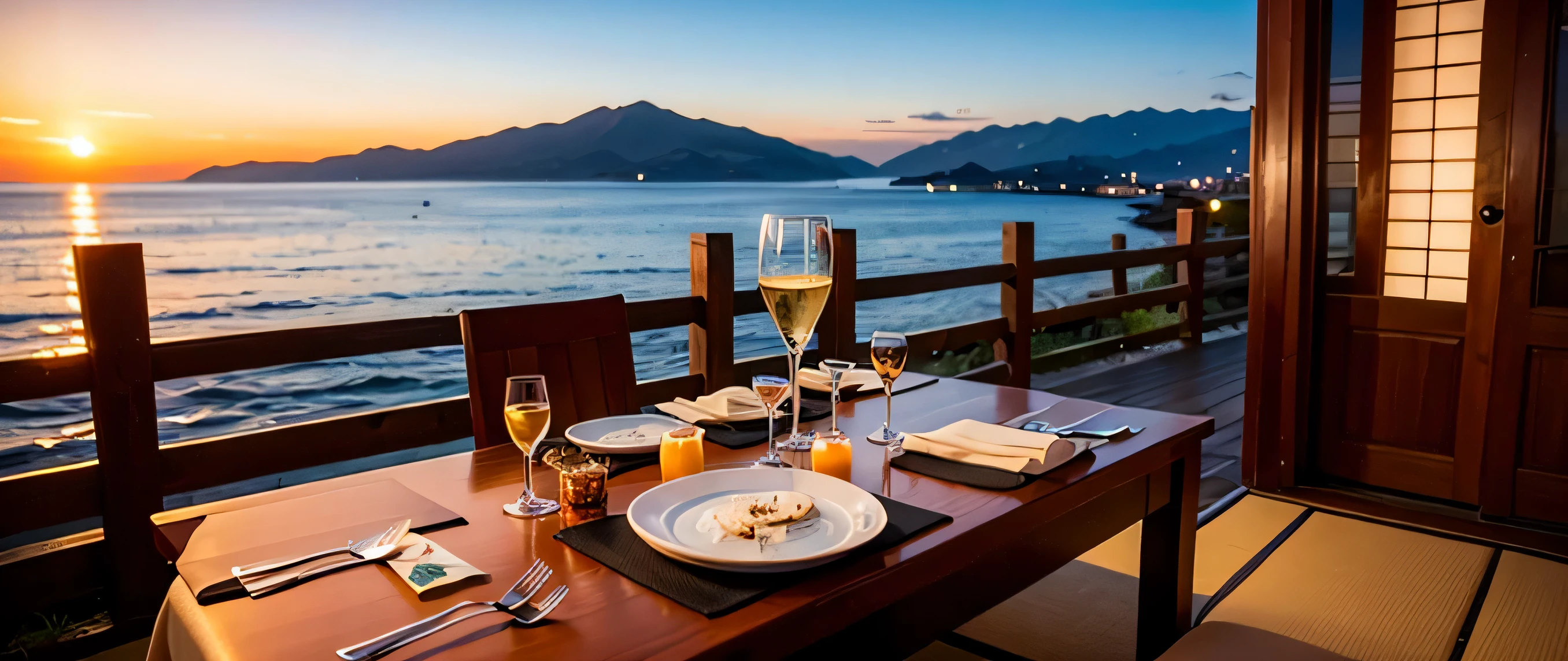 64k, Hmm, highest quality, masterpiece: 1.2), (realistic, photorealistic: 1.37), Spectacular view of the sunset sky and clouds、Amazing mountain views、Japanese sake、Sake Glass、Japanese food、Appetizer、restaurant、table、Champagne、sparkling wine、White wine, slim, wine glass, Very beautiful night view、aegean sea、Greece