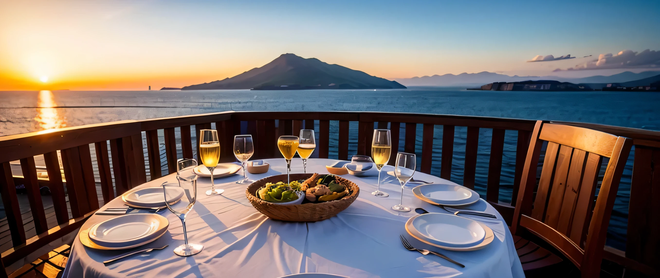 64k, Hmm, highest quality, masterpiece: 1.2), (realistic, photorealistic: 1.37), Spectacular view of the sunset sky and clouds、Amazing mountain views、Japanese sake、Sake Glass、Japanese food、Appetizer、restaurant、table、Champagne、sparkling wine、White wine, slim, wine glass, Very beautiful night view、aegean sea、Greece