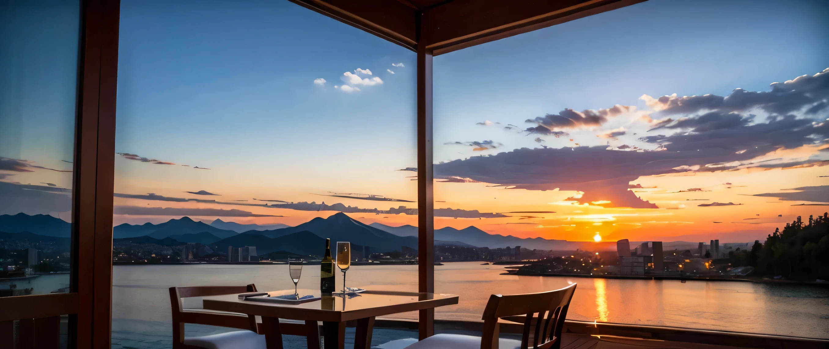 64k, Hmm, highest quality, masterpiece: 1.2), (realistic, photorealistic: 1.37), Spectacular view of the sunset sky and clouds、Amazing mountain views、Japanese sake、Sake Glass、Japanese food、Appetizer、restaurant、table、Champagne、sparkling wine、White wine, slim, wine glass, Very beautiful night view