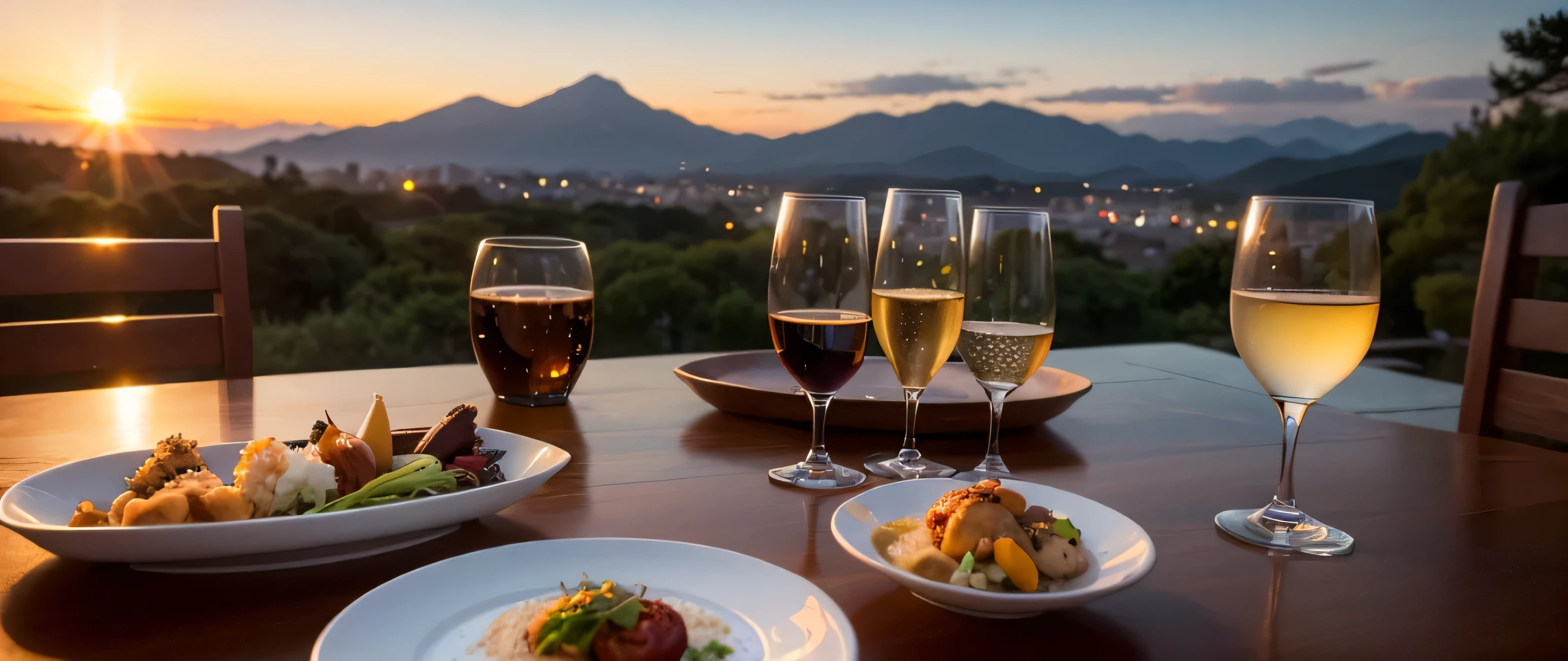 64k, Hmm, highest quality, masterpiece: 1.2), (realistic, photorealistic: 1.37), Spectacular view of the sunset sky and clouds、Amazing mountain views、Japanese sake、Sake Glass、Japanese food、Appetizer、restaurant、table、Champagne、sparkling wine、White wine, slim, wine glass, Very beautiful night view