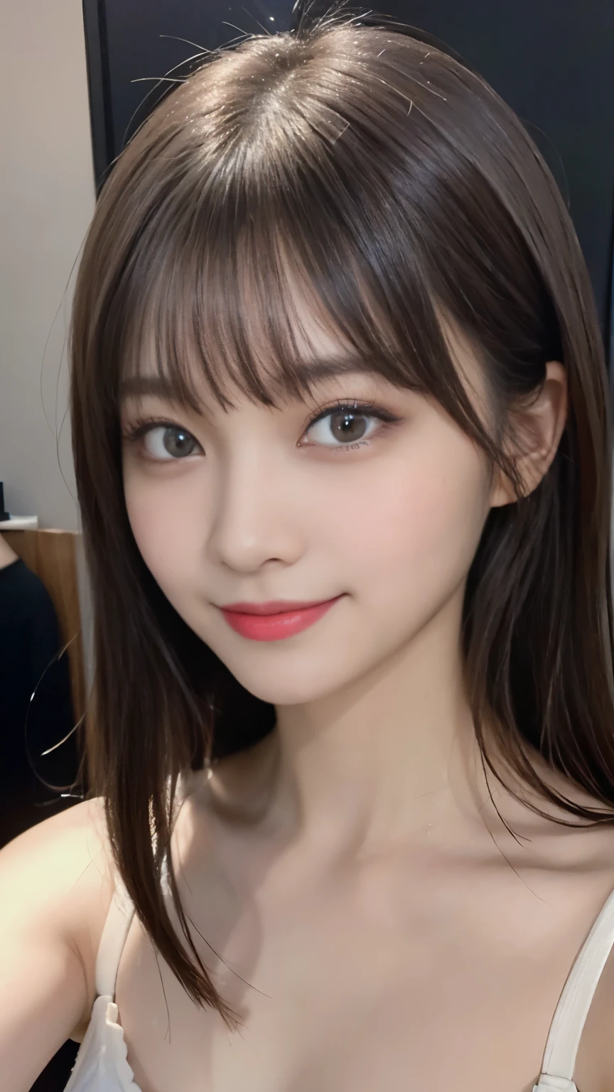 8k, highest quality, masterpiece, ultra high resolution, (realism: 1.4), original photo, (realistic skin texture: 1.3), (film grain: 1.3), (Selfie angle), 1 girl, beautiful eyes and face details, masterpiece, highest quality, close, Upper body, looking at the viewer,huge breasts,smile,