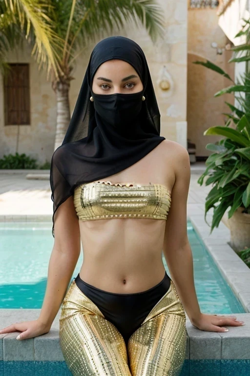 aumentar camiseta top alta e preta, a is wearing an odalisque top with golden beads, She wears a beautiful top adorned with golden beads and golden details