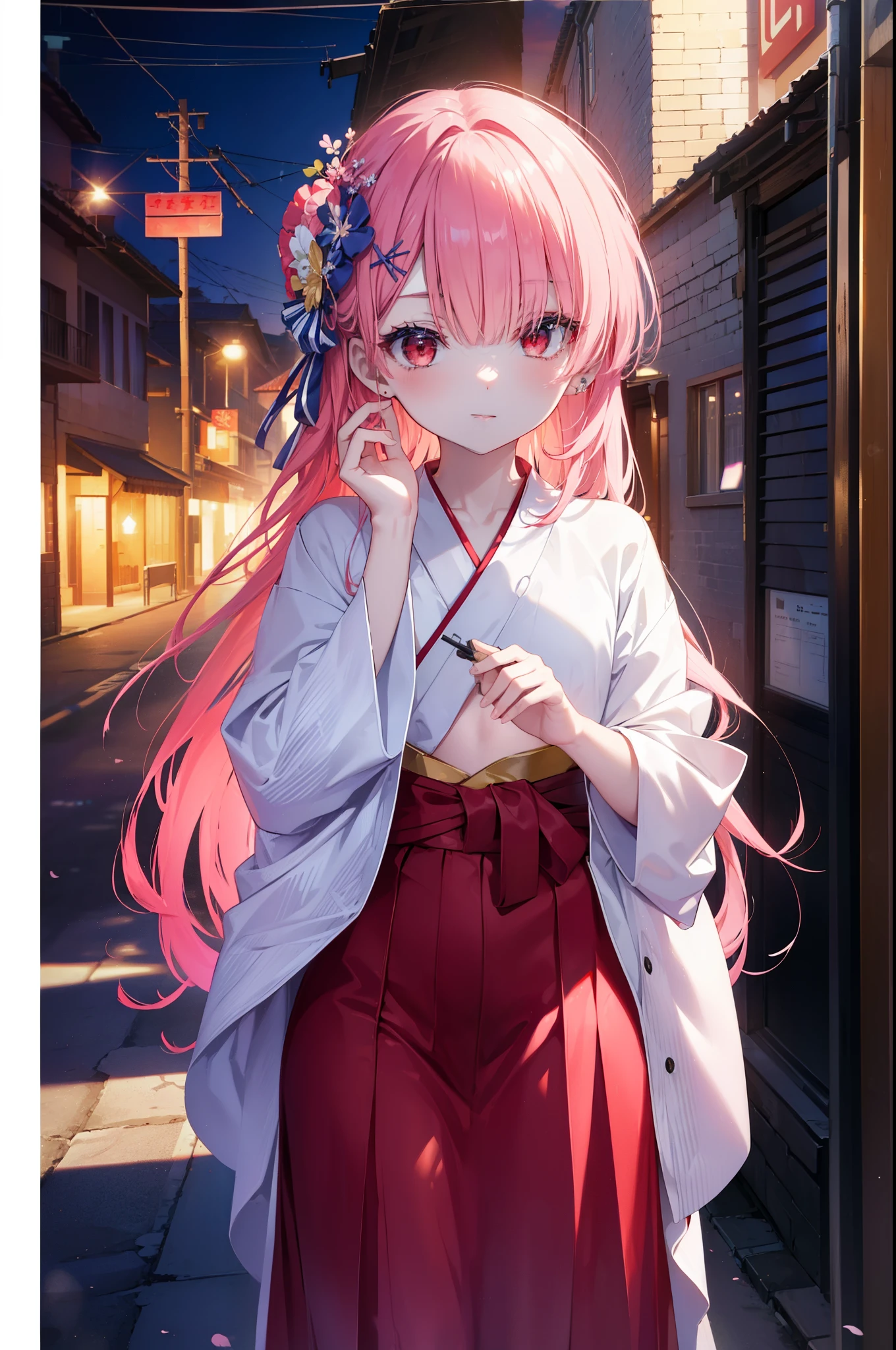 rezerorum, rum, hair flower, hair ornaments, hair above one eye, pink hair, (red eyes:1.5), smile,blush,long hair, x hair ornaments, tying hair,bangs, blunt bangs, (flat chest:1.2),pink gorgeous kimono,long skirt,Zori sandals,evening,sunset,
break outdoors, In town,building street,
break looking at viewer, (cowboy shot:1.5),
break (masterpiece:1.2), highest quality, High resolution, unity 8k wallpaper, (figure:0.8), (detailed and beautiful eyes:1.6), highly detailed face, perfect lighting, Very detailed CG, (perfect hands, perfect anatomy),