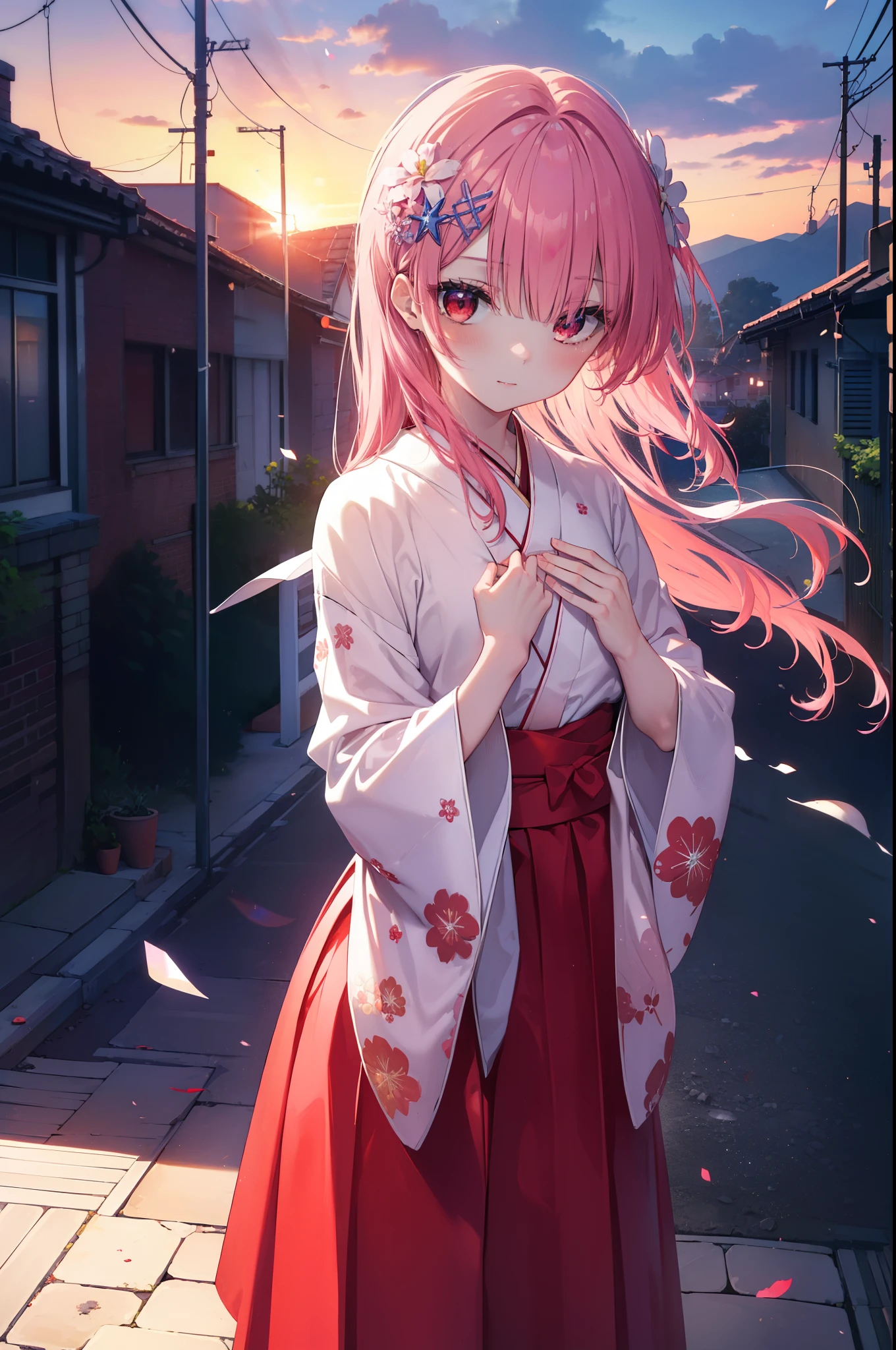 rezerorum, rum, hair flower, hair ornaments, hair above one eye, pink hair, (red eyes:1.5), smile,blush,long hair, x hair ornaments, tying hair,bangs, blunt bangs, (flat chest:1.2),pink gorgeous kimono,long skirt,Zori sandals,evening,sunset,
break outdoors, In town,building street,
break looking at viewer, (cowboy shot:1.5),
break (masterpiece:1.2), highest quality, High resolution, unity 8k wallpaper, (figure:0.8), (detailed and beautiful eyes:1.6), highly detailed face, perfect lighting, Very detailed CG, (perfect hands, perfect anatomy),