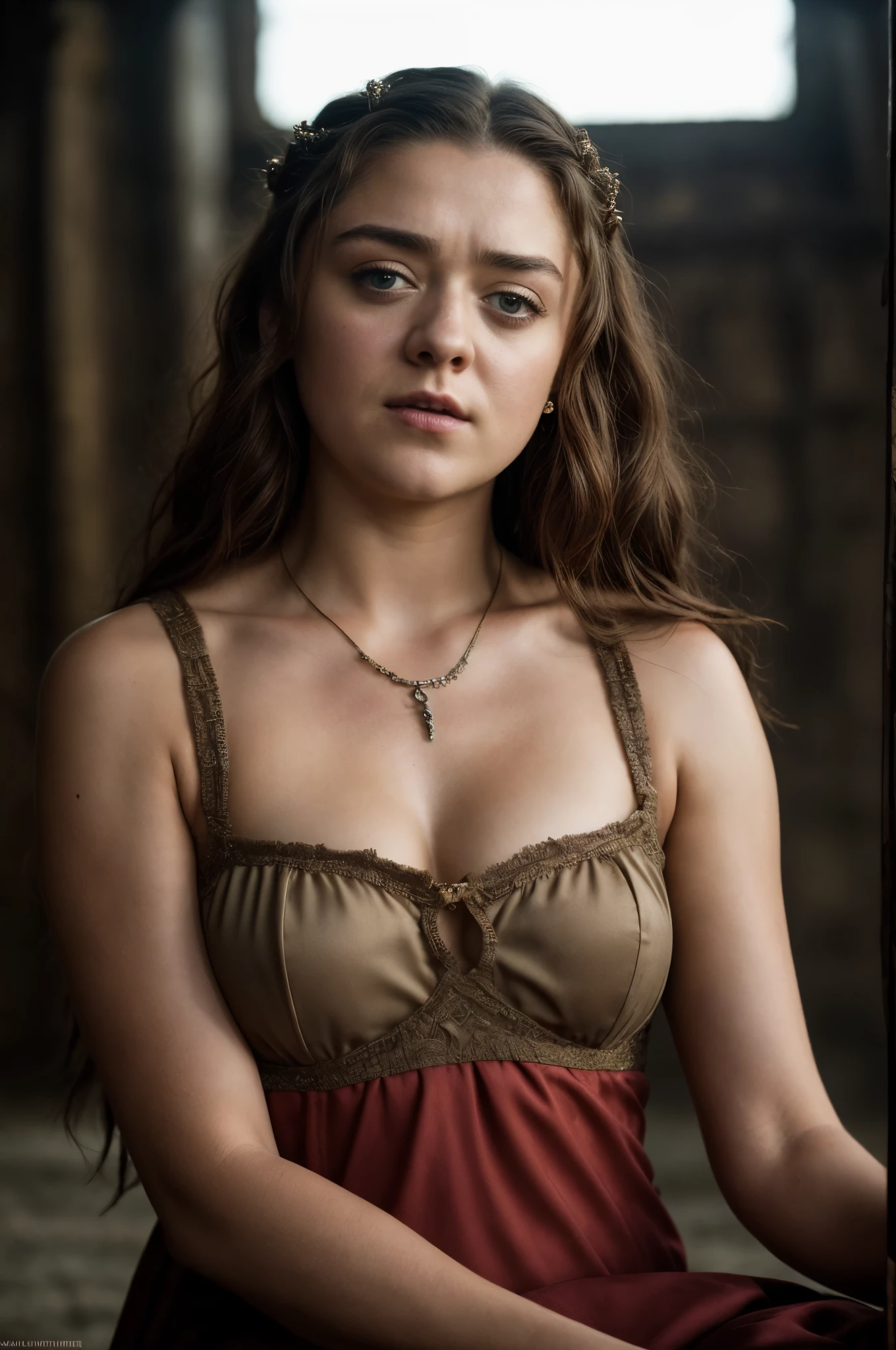 Foto RAW, Arya Stark, Extremely gorgeous lady, Arya Stark PLAYED BY MAISIE WILLIAMS, Queen Arya Stark, she  a mature woman now, milf, sexy mediaeval battle dress, gladiator woman, body, 40 years old Woman, Roman slave dress, cotton dress, busty mediaeval costumes, body revealing costumes, perky breast, big natural breast, erotic costumes, lusty physique, seductive figure can capture every people's attention, Game of thrones costumes, revealing captivating figure, Mediaeval costumes, revealing clothes, A tomboy, she would rather fence than dance, warrior queen , game of thrones screen caps, Game of Thrones Series, (pele altamente detalhada: 1.2), 8k UHD, DSLR, soft-lighting, alta qualidade, grain of film, Fujifilm XT3, flawless picture, highly detailed, detailed Beauty, intricate, 32k, sharp picture,