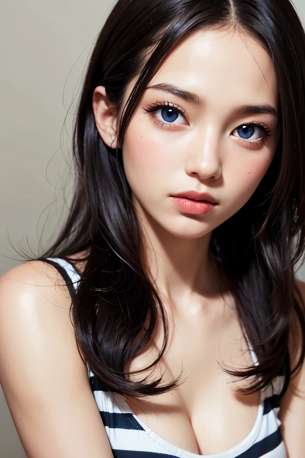 masterpiece, highest quality, beautiful young woman, shining blue eyes, (be familiar with pupils:1.2), eyelash, Beautiful bright black hair, striped hair, multicolor, medium hair, perfect face, be familiar with,