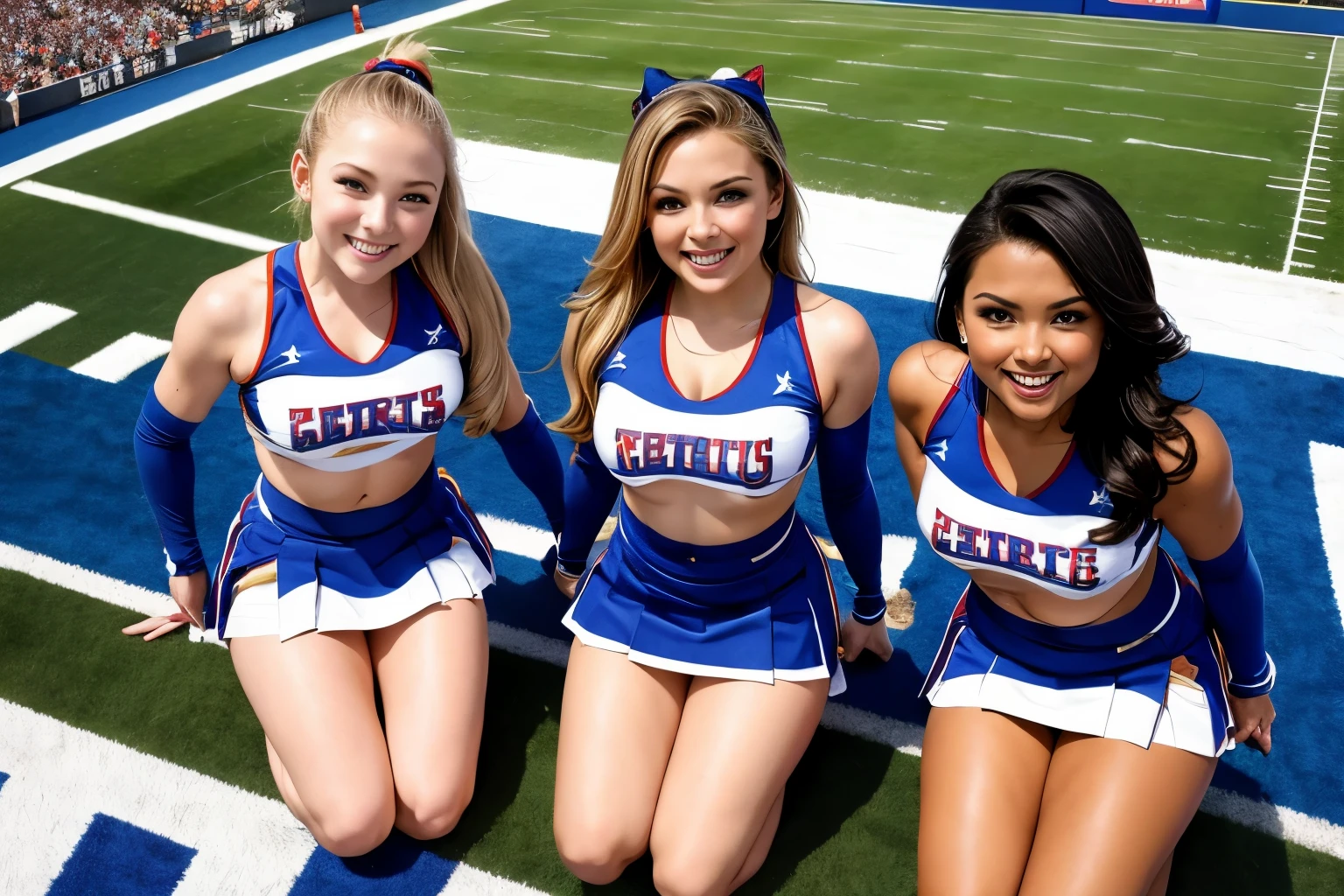 (8K,top picture quality,high quality,high resolution,masterpiece),(from above),(Face focuini skirt, three cheerleaders in AMERICAN FOOTBALL STADIUM, kneel in front of me and surround me, Look up and smile, Cute 20 year old, cleavage, no nsfw