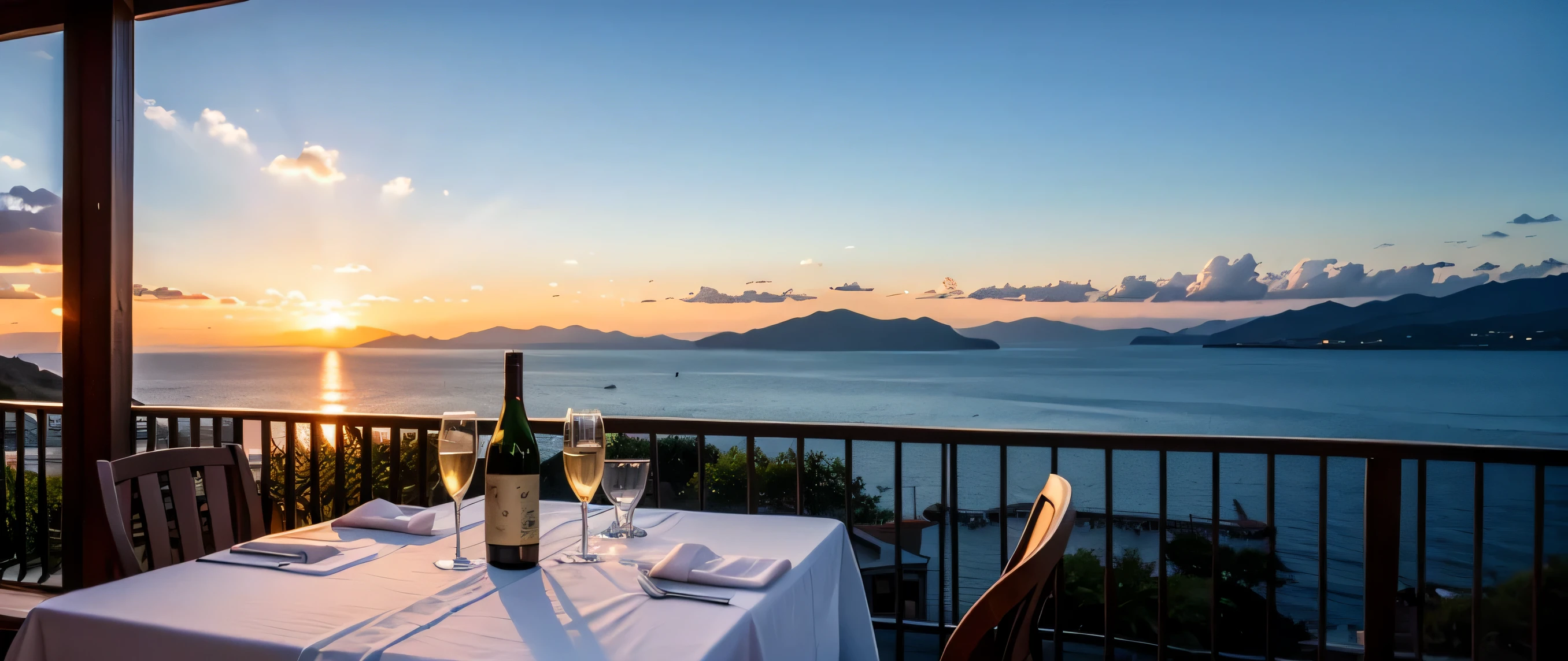 64k, Hmm, highest quality, masterpiece: 1.2), (realistic, photorealistic: 1.37), Spectacular view of the sunset sky and clouds、Amazing mountain views、Japanese sake、Sake Glass、Japanese food、Appetizer、restaurant、table、Champagne、sparkling wine、White wine, slim, wine glass, Very beautiful night view、aegean sea、Greece、Okinawa、hokkaido