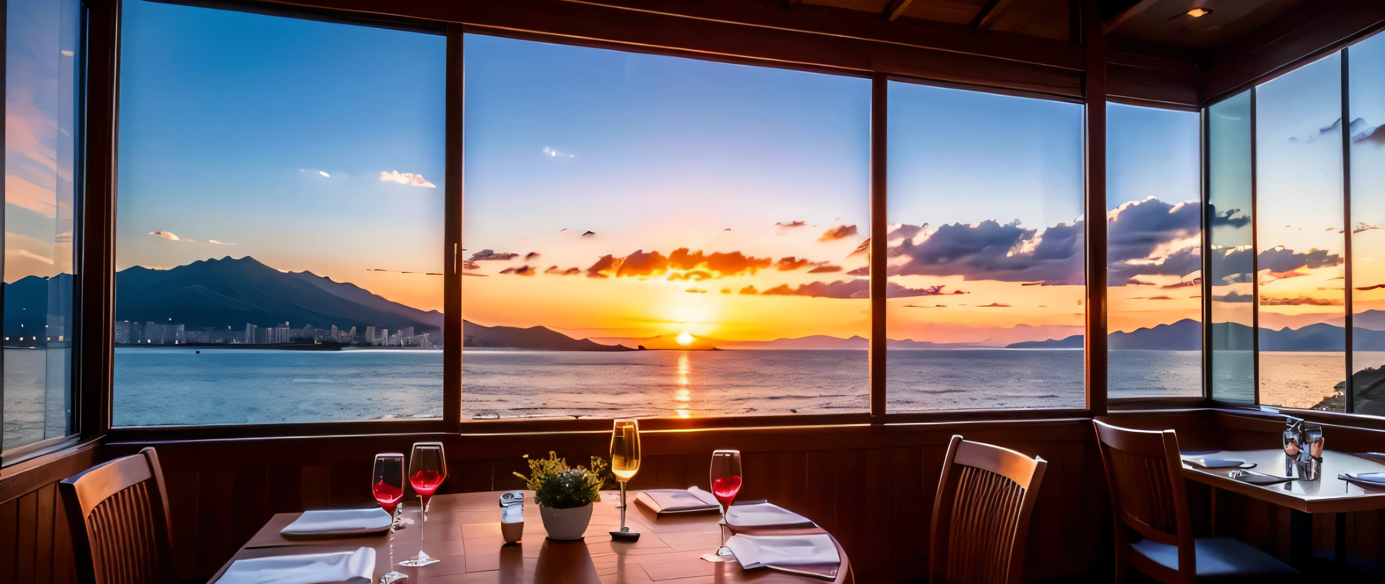 64k, Hmm, highest quality, masterpiece: 1.2), (realistic, photorealistic: 1.37), Spectacular view of the sunset sky and clouds、Amazing mountain views、Japanese sake、Sake Glass、Japanese food、Appetizer、restaurant、table、Champagne、sparkling wine、White wine, slim, wine glass, Very beautiful night view、aegean sea、Greece、Okinawa、hokkaido