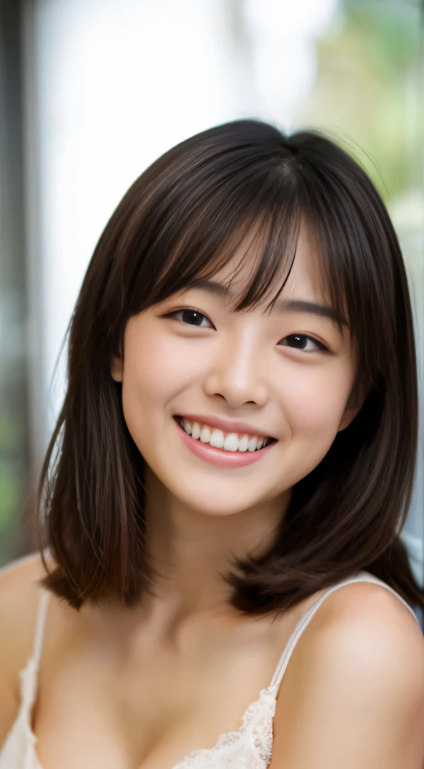 Japanese ),((beautiful girl)),cleavage,An expression that imagines something pleasant:1.2,(perfect body beauty:1.2),((perfect body)),(shy smile),beautiful teeth,