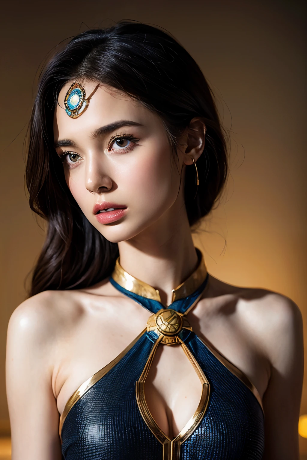 A stunning high fashion portrait of a Swedish-Thai female model with striking blue eyes, naked . The suit features an eye-catching patchwork design with vibrant colors, making it stand out against the studio backdrop. Her hair is styled in a one-of-a-kind updo, and her makeup is bold and avant-garde. The overall atmosphere of the image exudes glamour, sophistication, and a touch of futuristic edge., portrait photography, fashion, vibrant, poster, photo