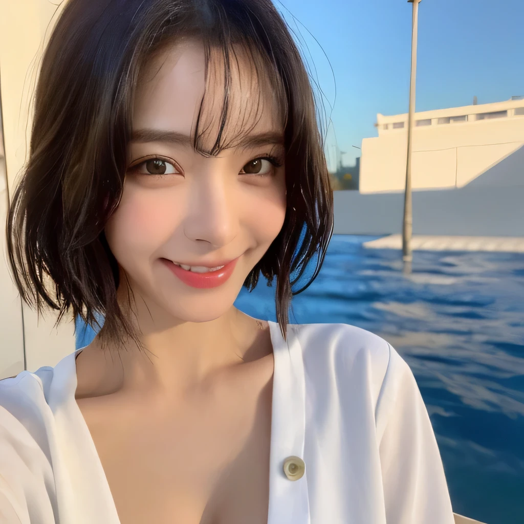 ((highest quality, 8k, masterpiece: 1.3)), sharp focus: 1.2, beautiful woman with perfect figure: 1.4, slim abs: 1.2, (random hairstyle color: 1.2)), (wet white button long shirt: 1.3), rain: 1.3, street of night: 1.2, wet body: 1.1, night、 Highly detailed face and skin texture, fine eyes, double eyelid, big breasts, smile, Show your collarbone、beautiful clavicle、Berry Short、