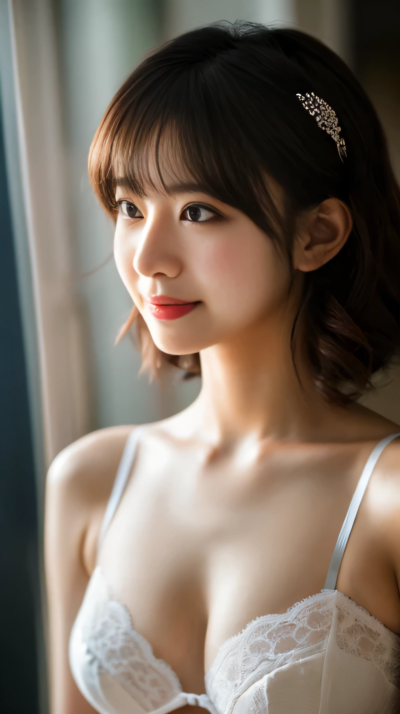 masterpiece, 8k, photorealistic, optimal ratio, detailed face, ((audience monitoring)), red lipstick, realistic, well-shaped bust, slender body, Photo with upper body facing forward, Detailed and beautiful hair, fine skin, RAW color art, diffused soft lighting, sharp focus, cinematic lighting、smile、bra bride、18-year-old、beauty of japan、short hairstyles